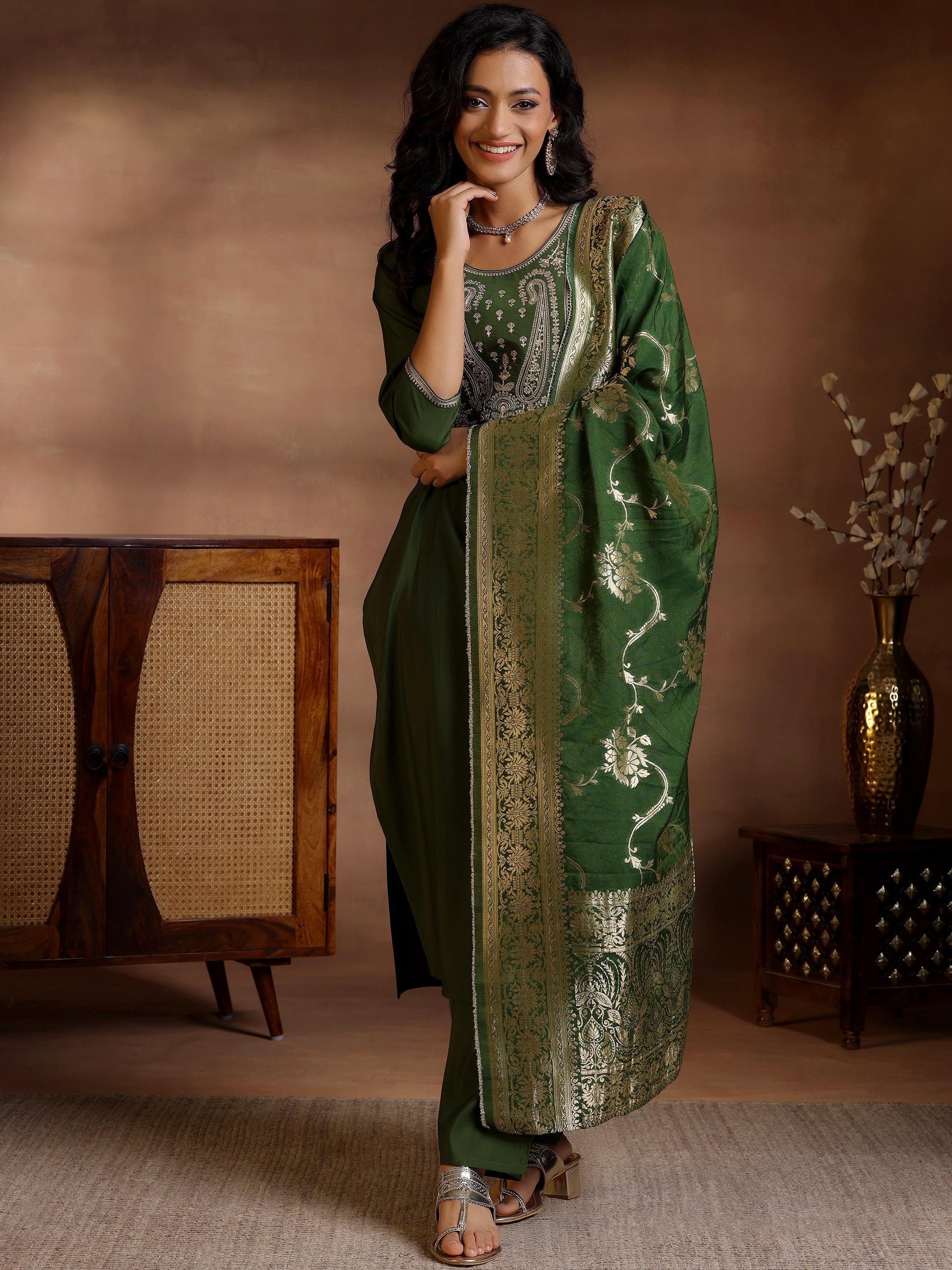 Olive Yoke Design Silk Blend Straight Suits With Dupatta