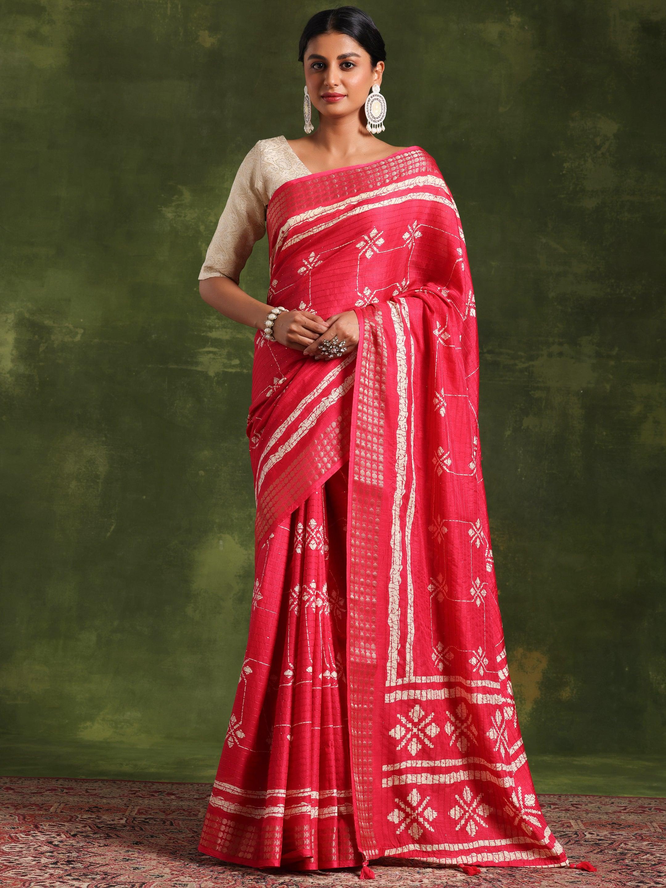 Pink Printed Silk Blend Saree With Unstitched Blouse Piece