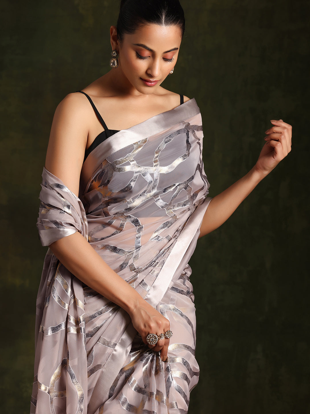 Grey Woven Design Brasso Saree With Unstitched Blouse Piece