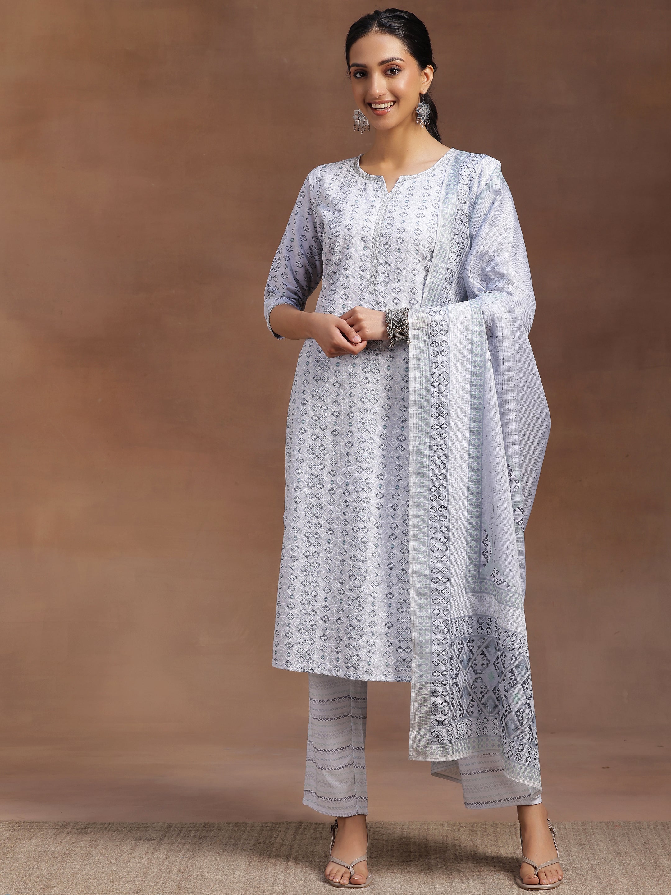 Grey Embroidered Cotton Blend Straight Suit With Dupatta