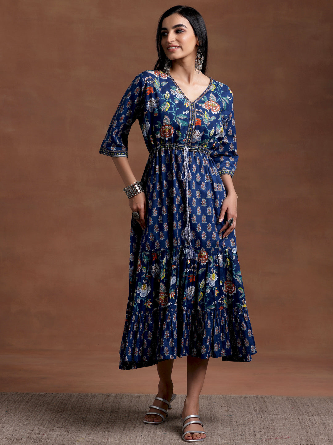 Blue Printed Cotton Fit and Flare Dress