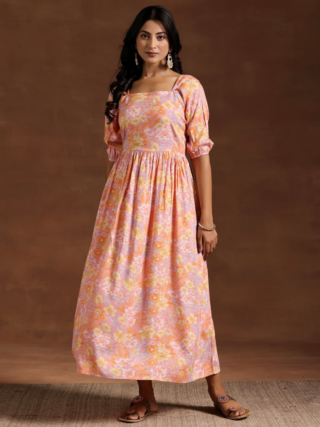 Peach Printed Rayon Fit and Flare Dress