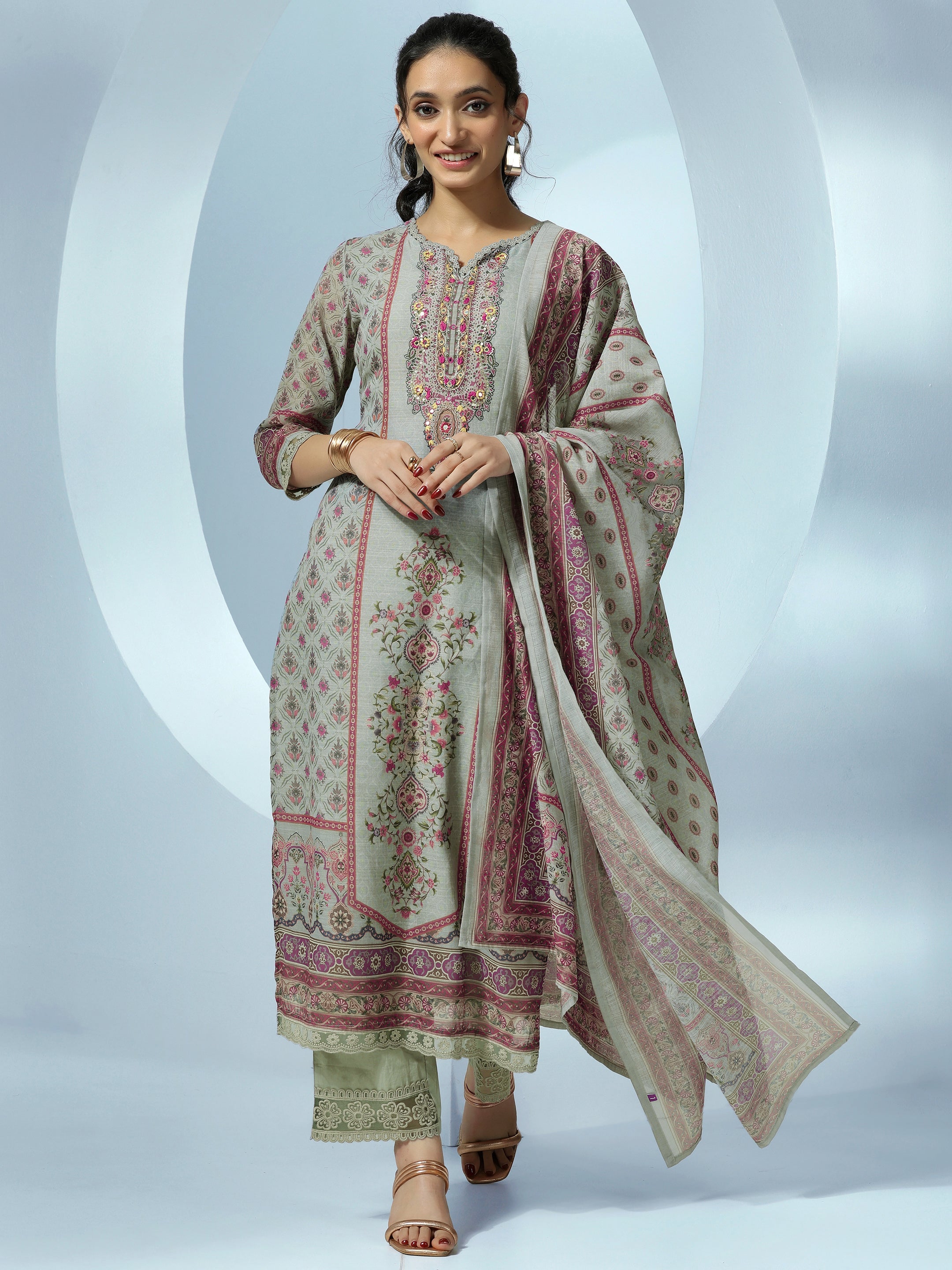 Grey Printed Linen Straight Suit With Dupatta