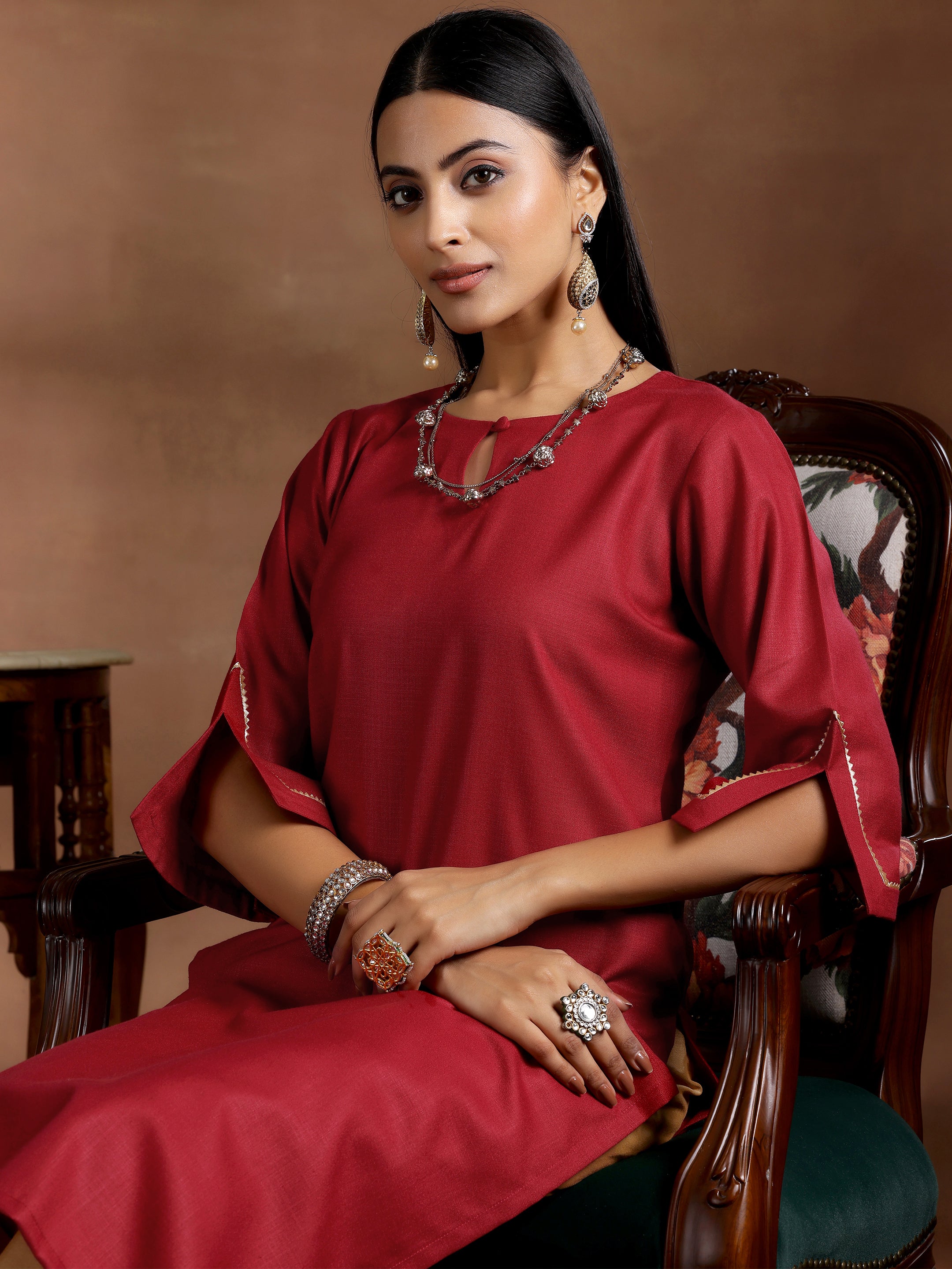 Maroon Solid Silk Straight Kurta