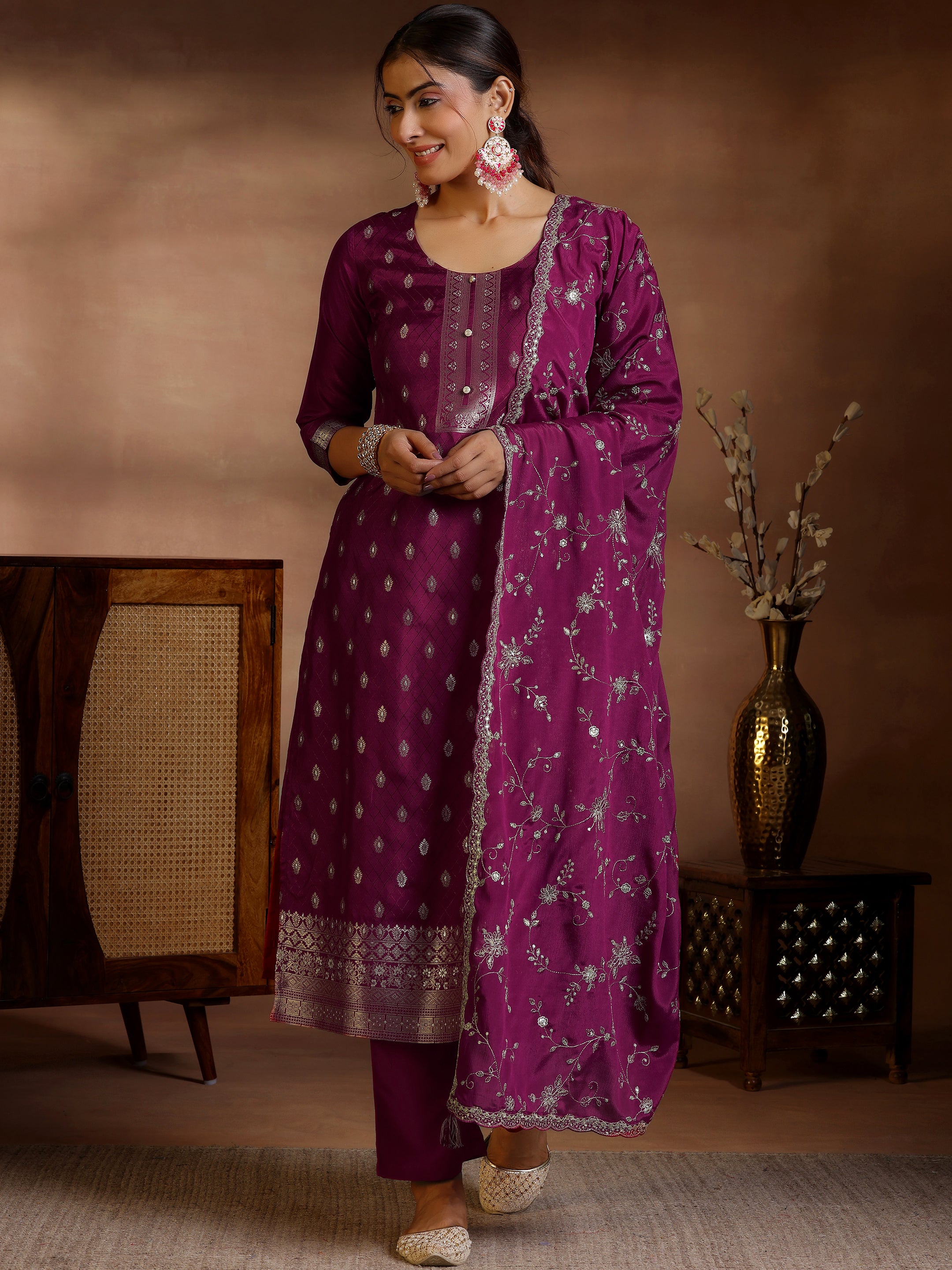 Burgundy Woven Design Silk Blend Straight Suit With Dupatta