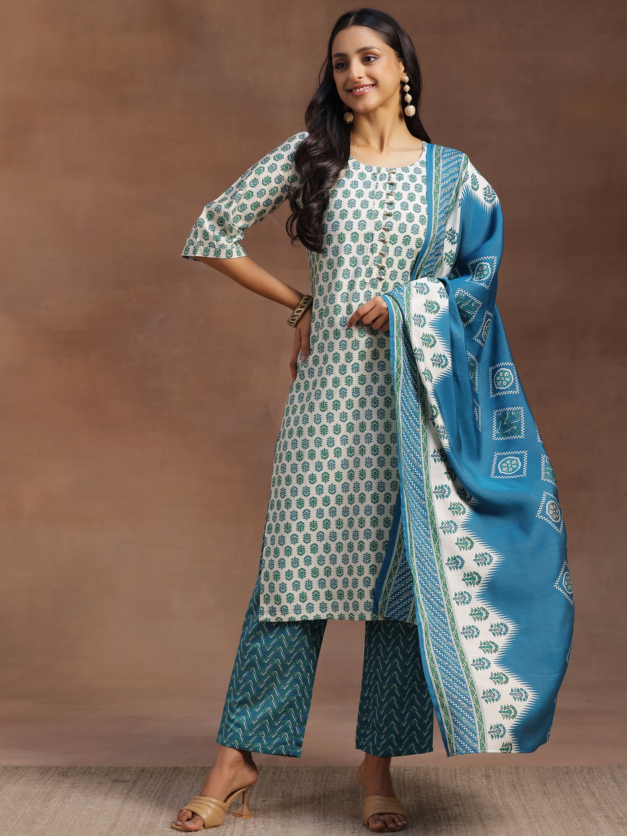 Beige Printed Silk Blend Straight Suit With Dupatta