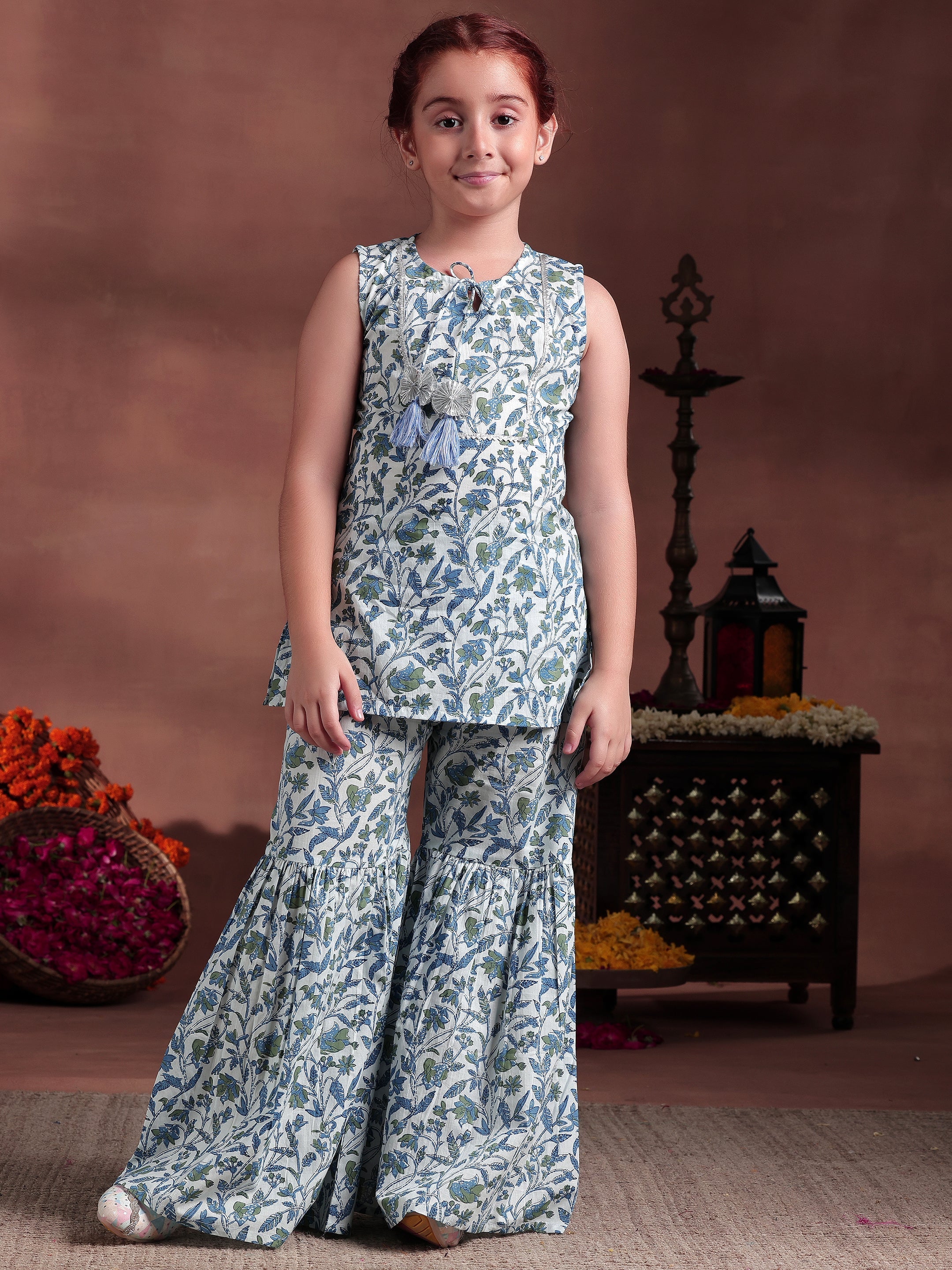 Kids White Printed Cotton Straight Suit With Dupatta