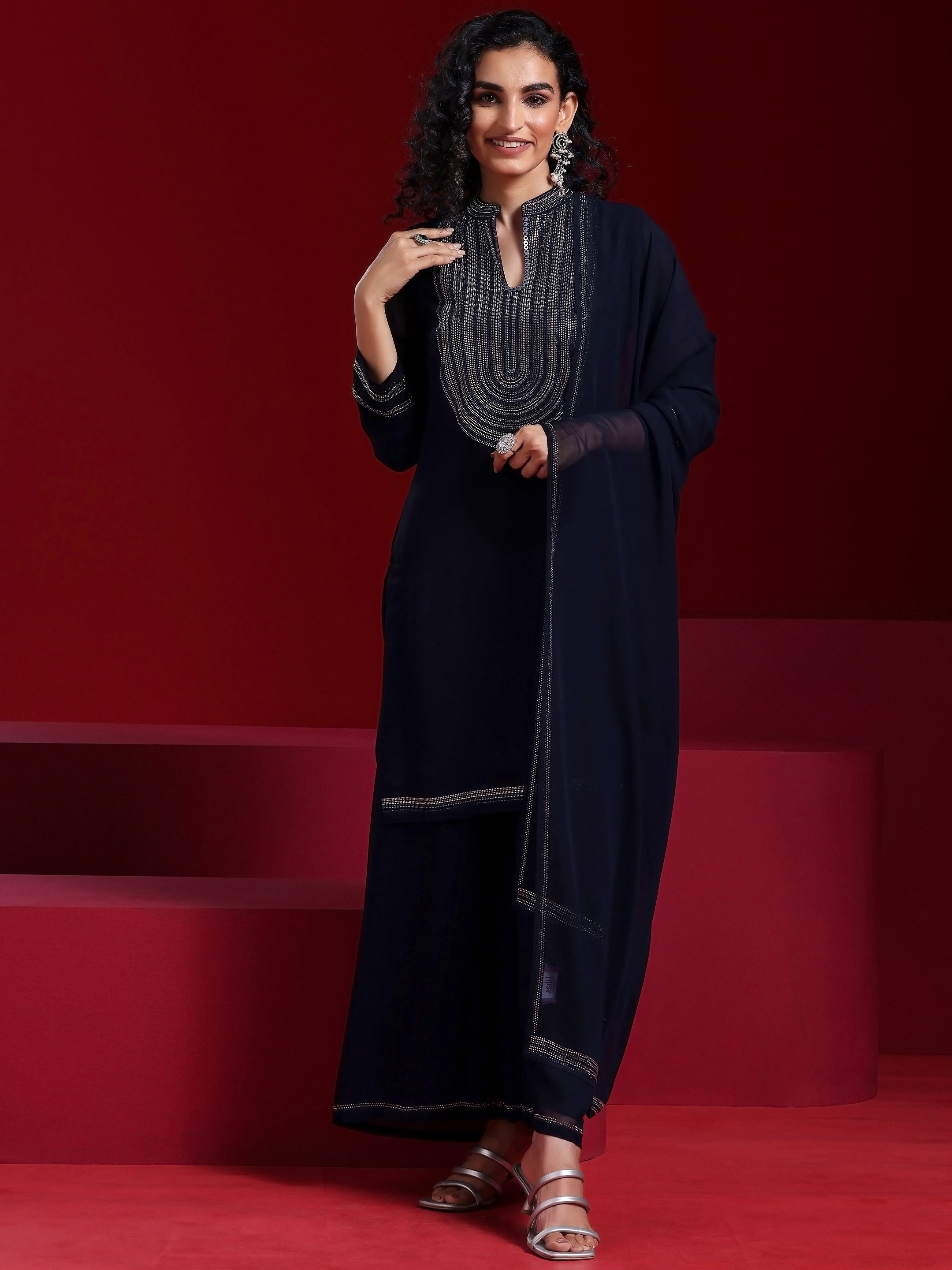 Libas Art Blue Yoke Design Georgette Straight Suit With Dupatta