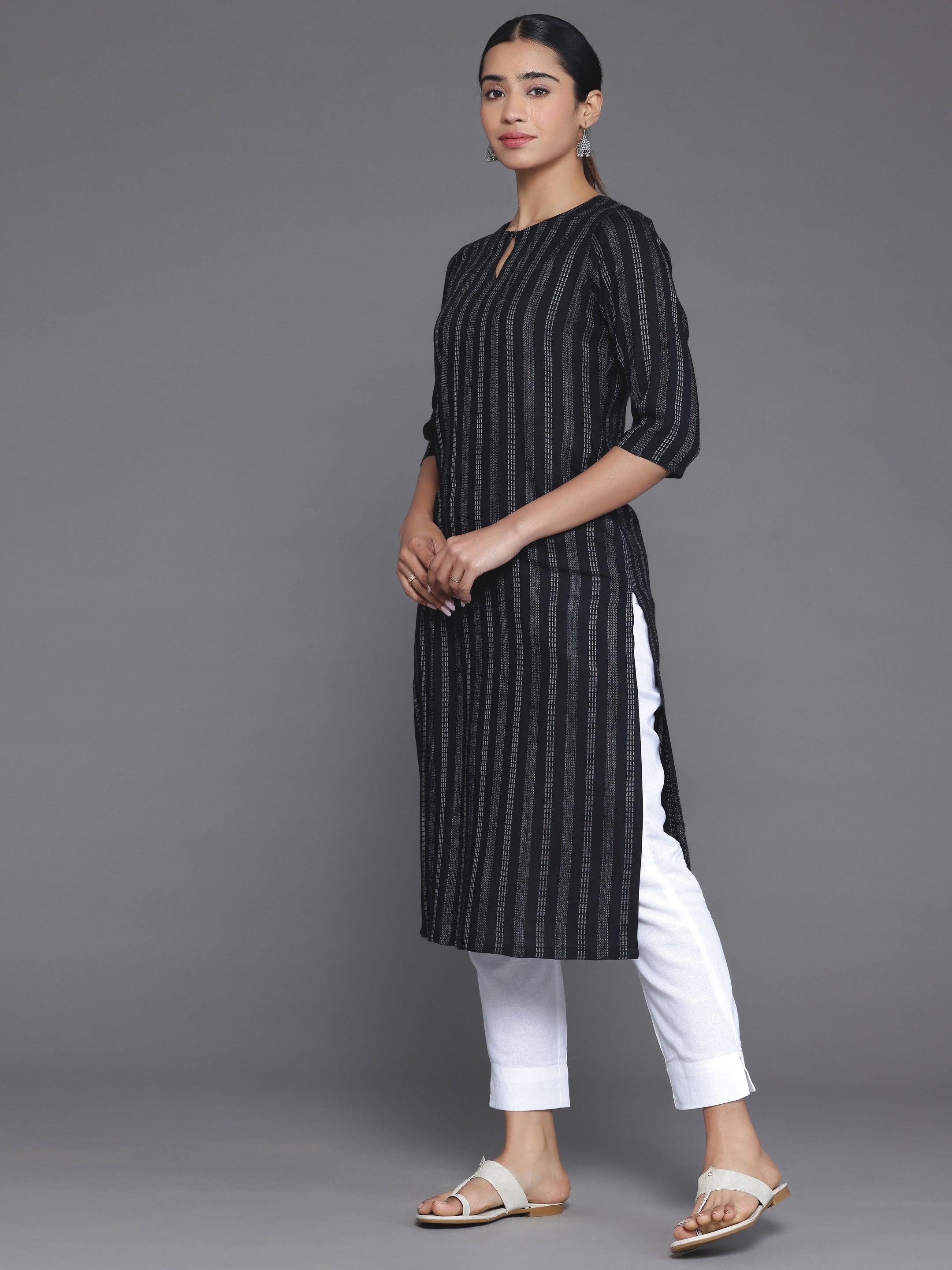 Black Striped Rayon Straight Kurta