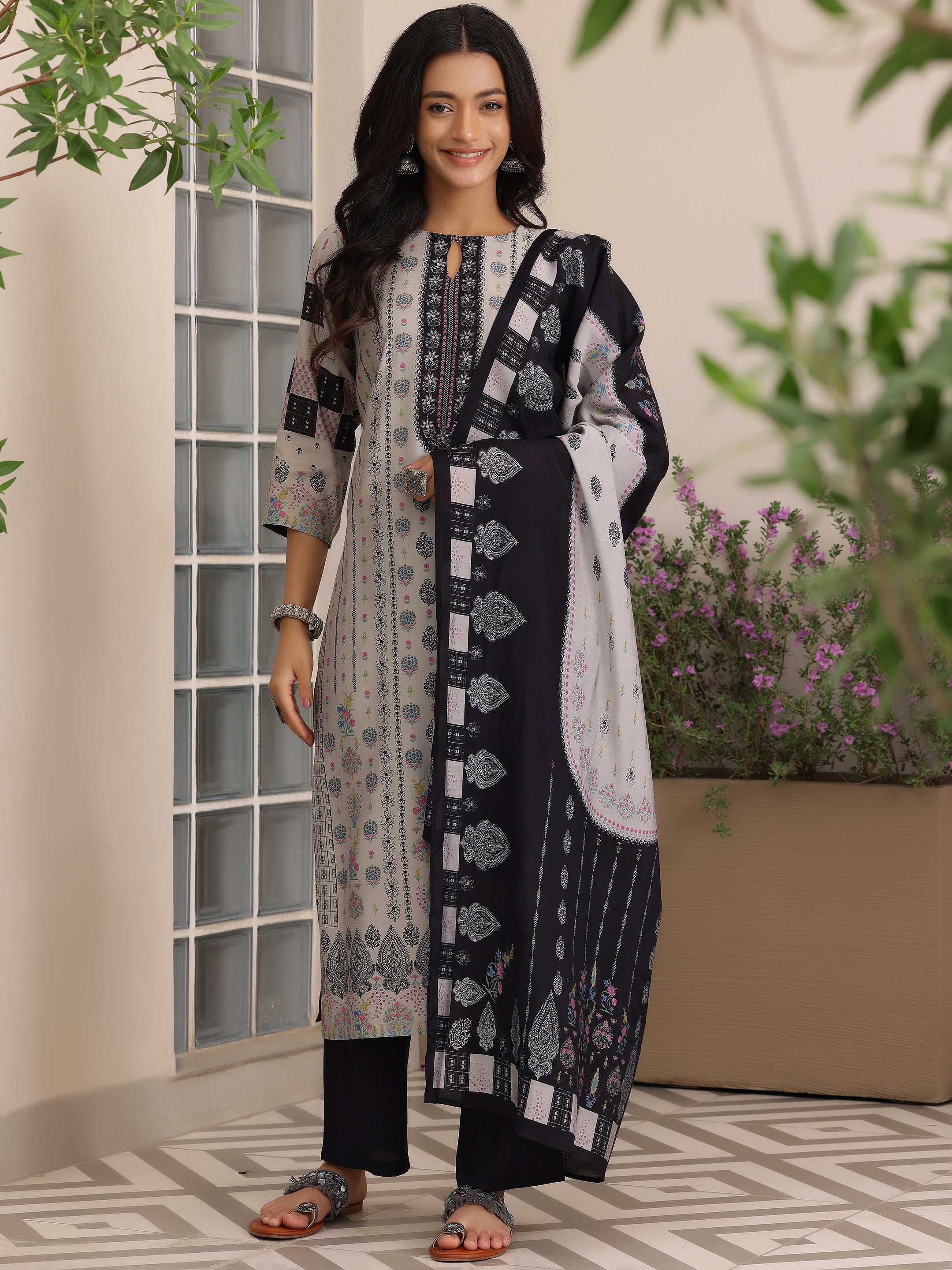 Grey Printed Silk Blend Straight Suit With Dupatta