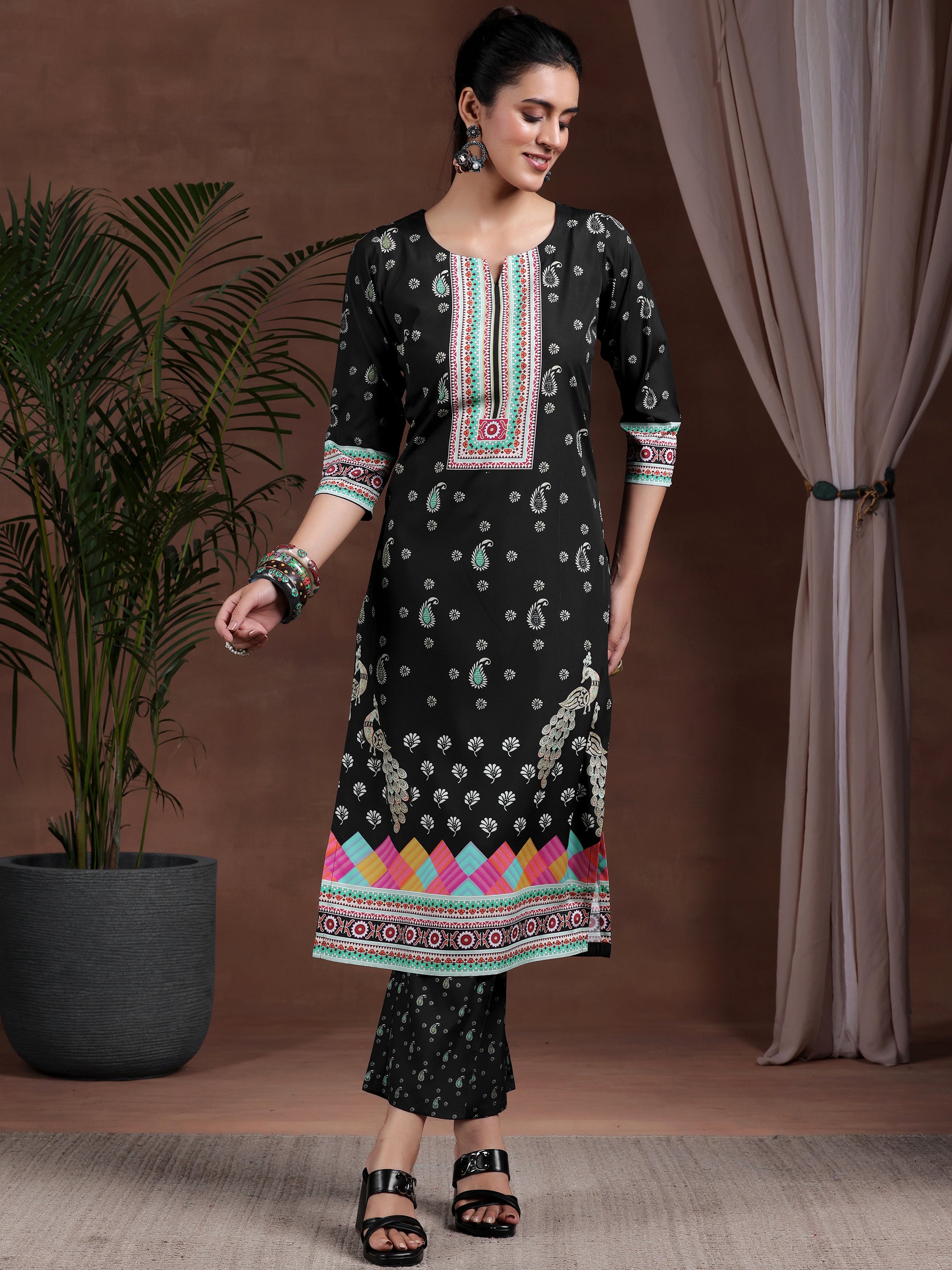 Black Printed Poly Crepe Straight Suit With Dupatta