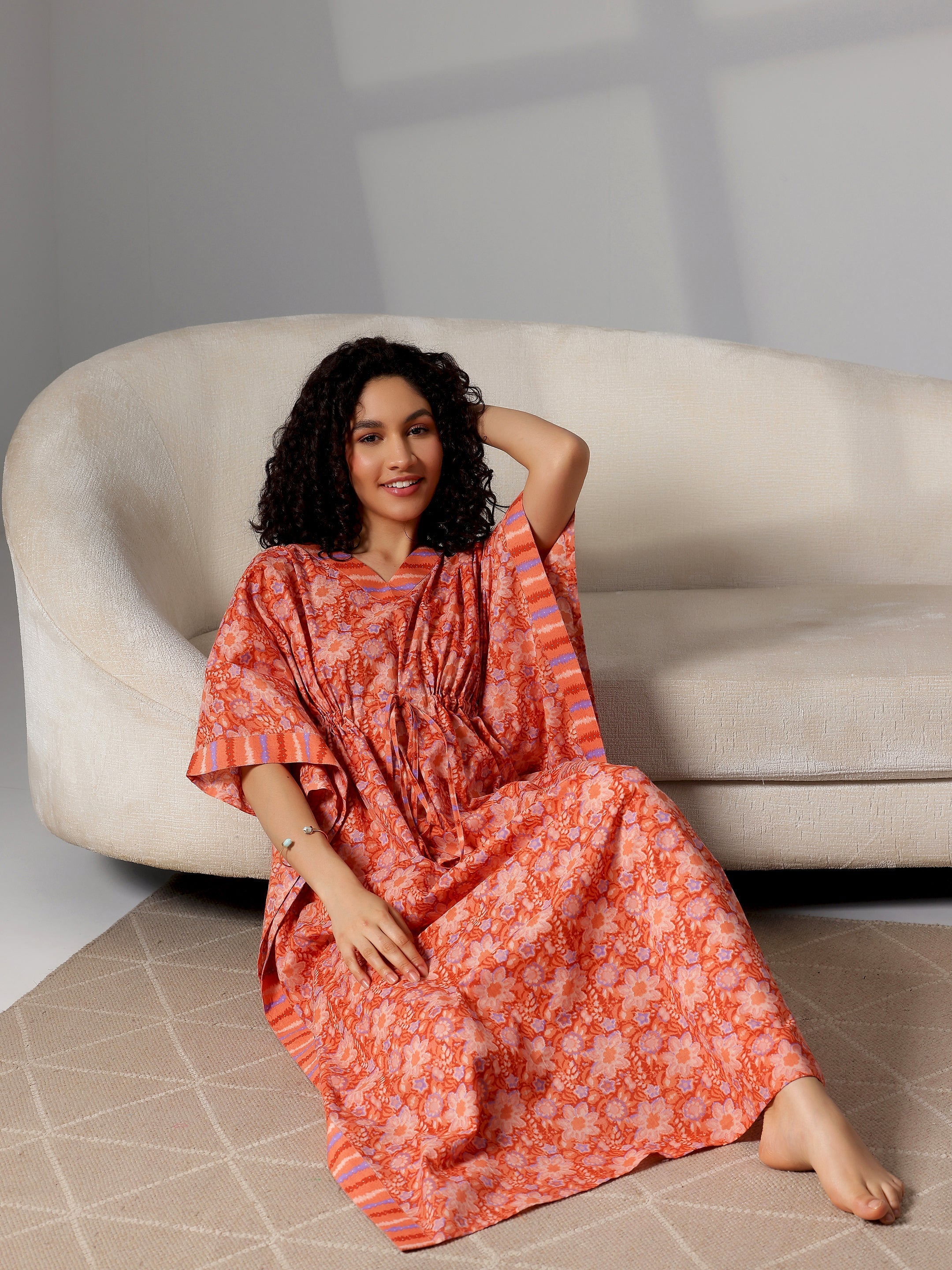 Orange Printed Cotton Kaftan Night Dress