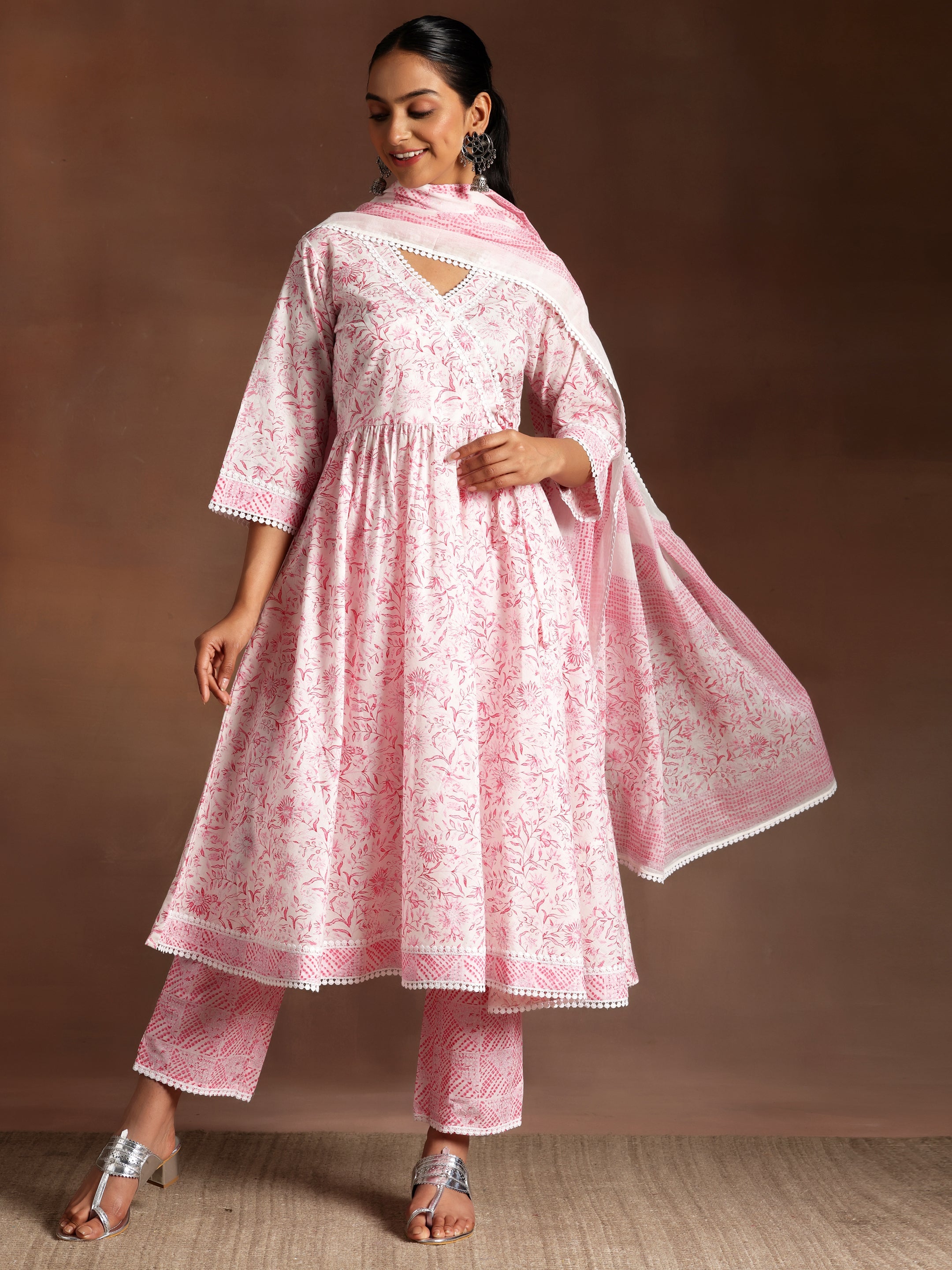 Tabassum  Pink Printed Cotton A-Line Kurta With Palazzos & Dupatta