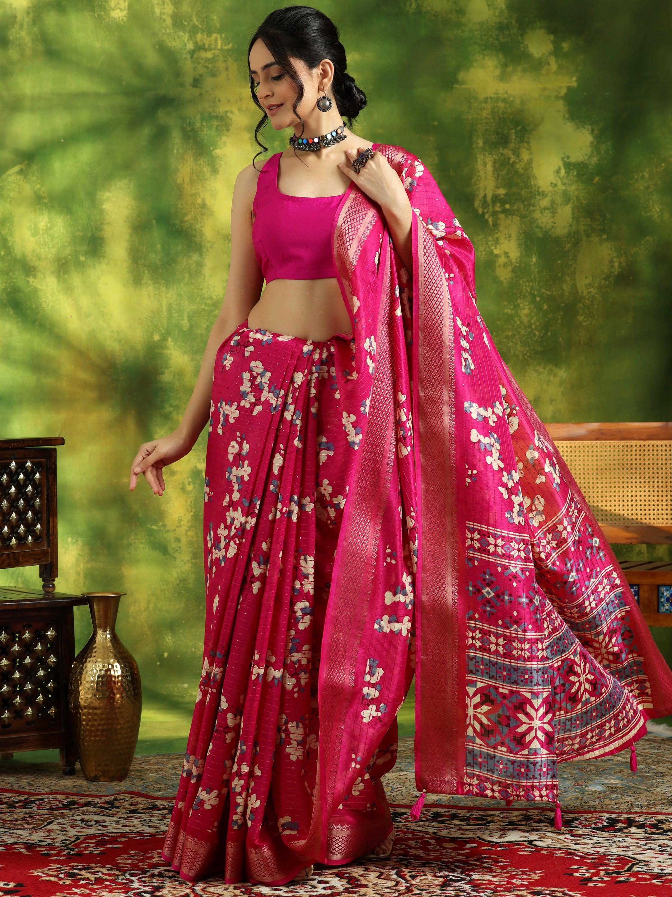 Pink Printed Silk Blend Saree With Unstitched Blouse Piece