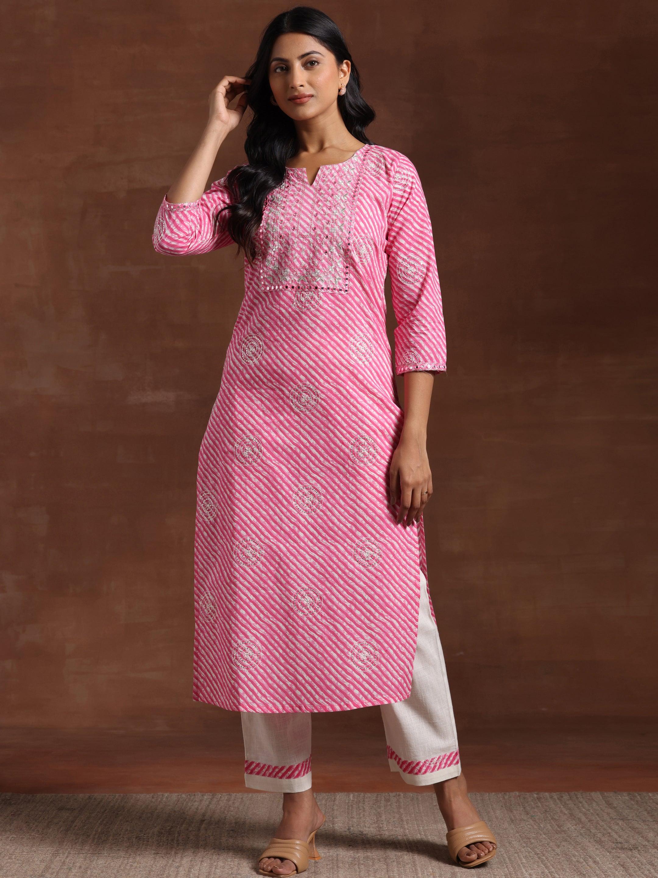 Pink Printed Cotton Straight Kurta Set