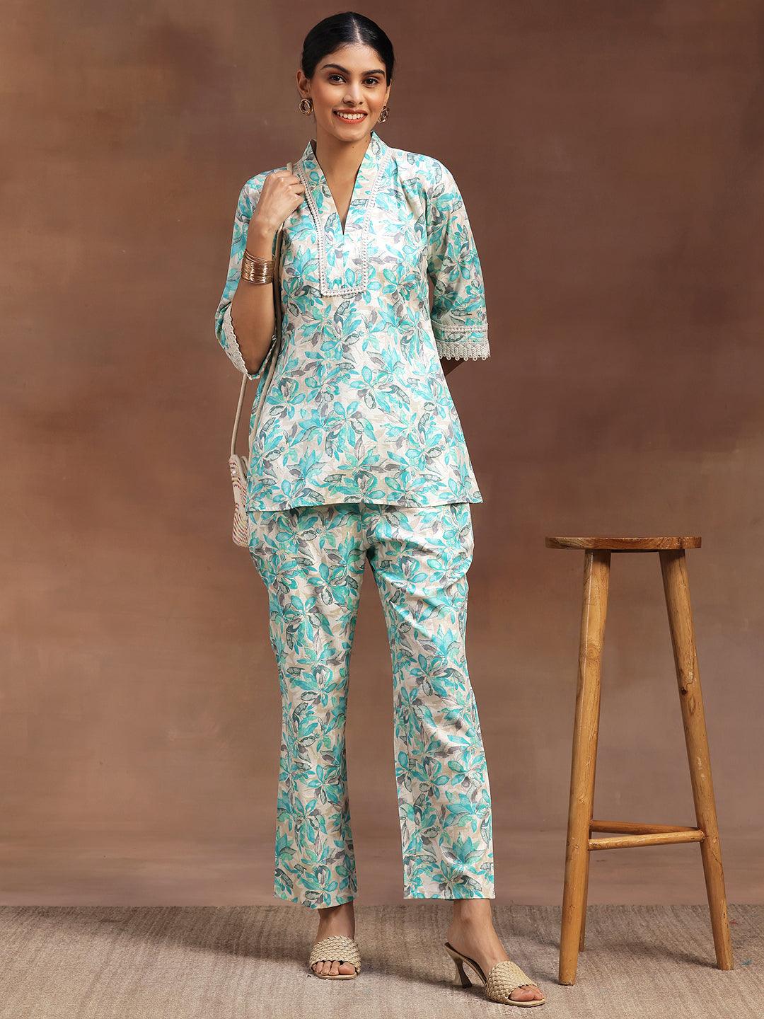 Turquoise Printed Cotton Blend Co-Ords