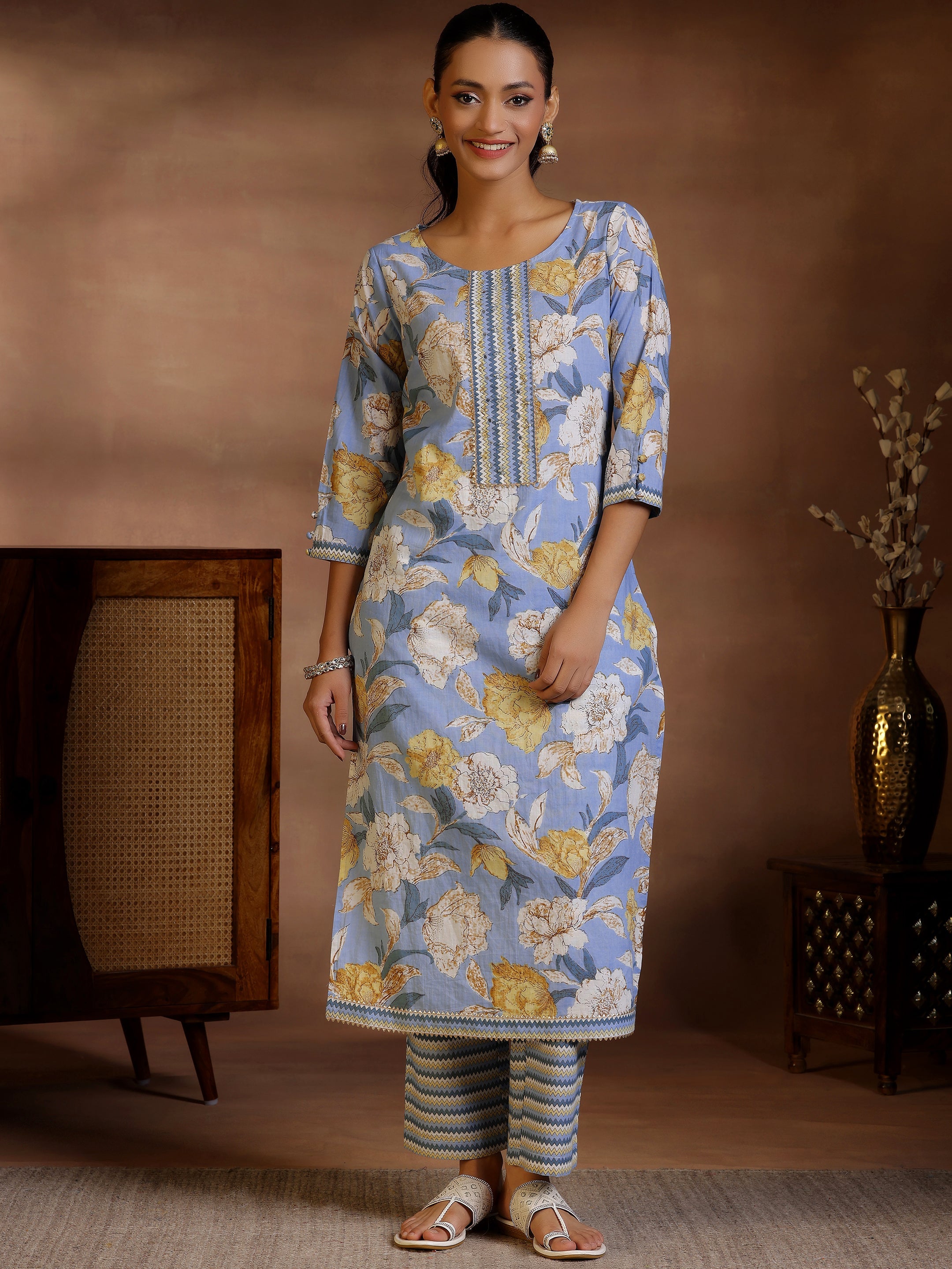 Blue Printed Cotton Straight Kurta Set