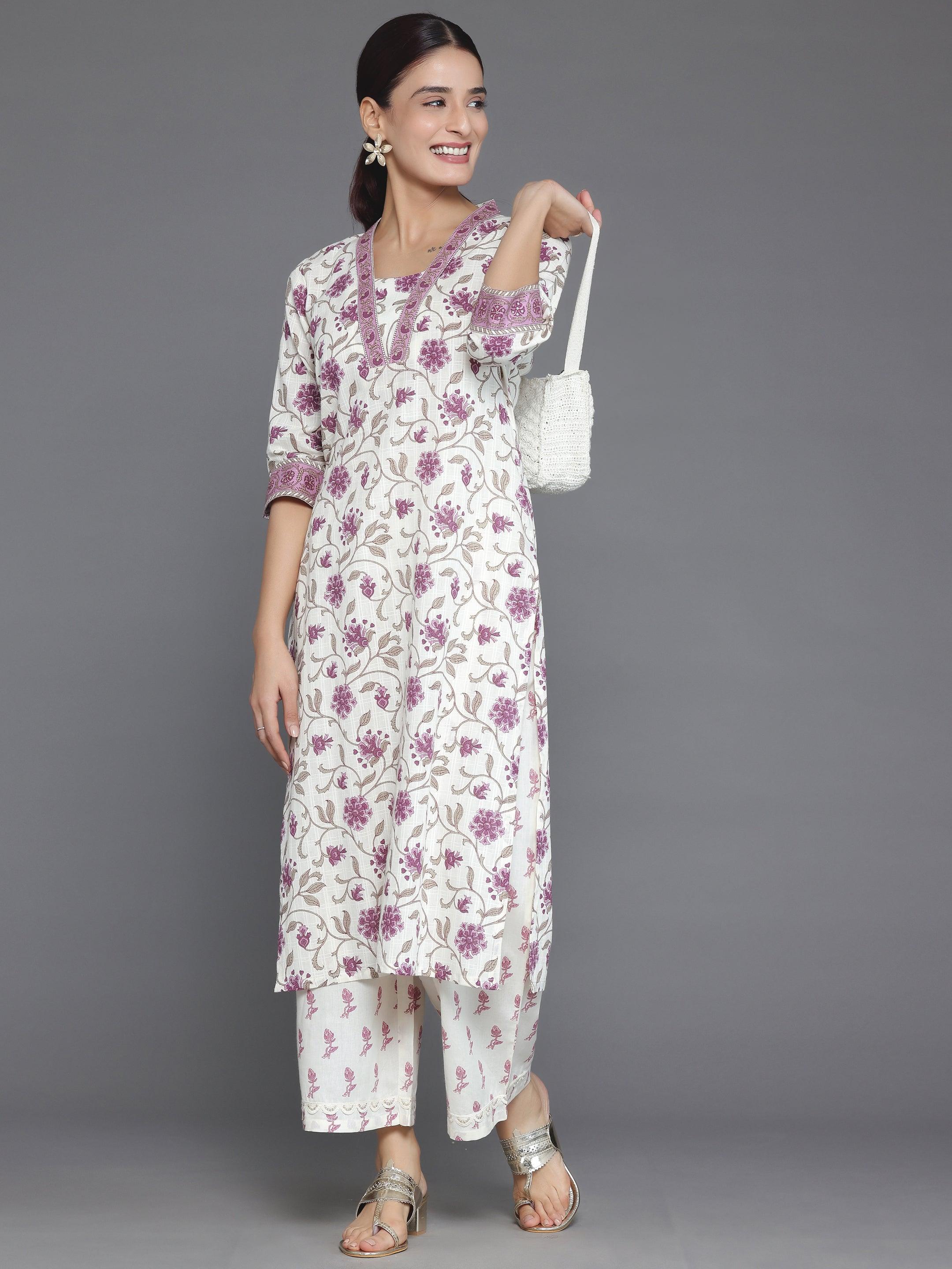 Off White Printed Cotton Straight Kurta