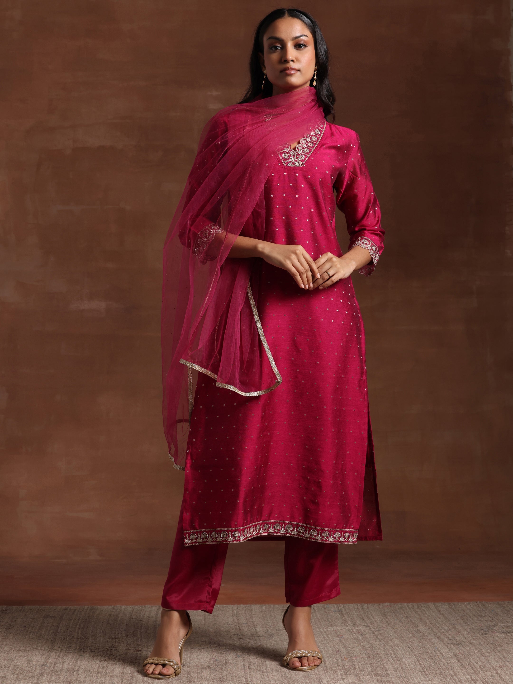 Pink Self Design Silk Blend Straight Suit With Dupatta