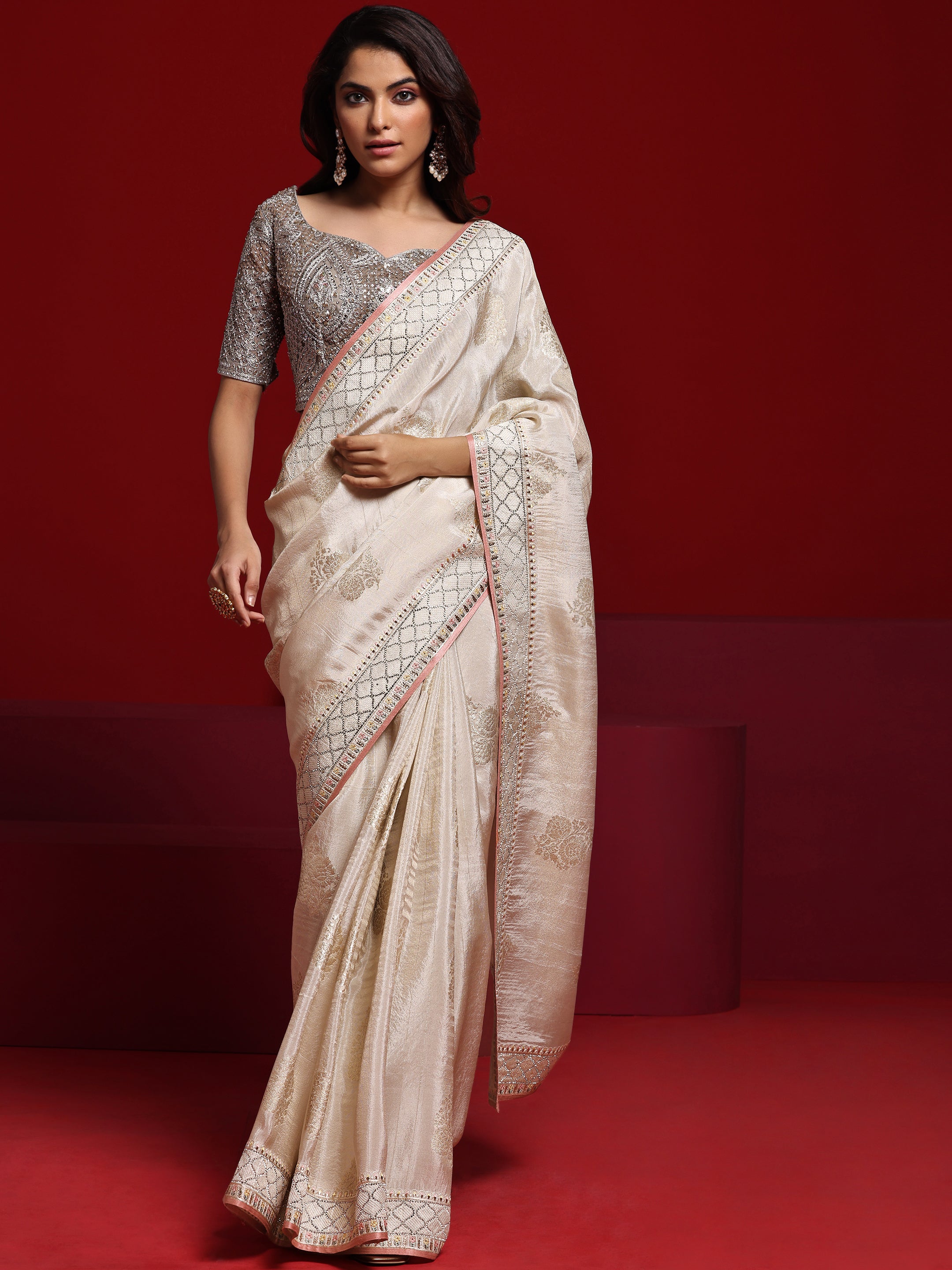 Libas Art Beige Woven Design Silk Blend Saree With Unstitched Blouse Piece