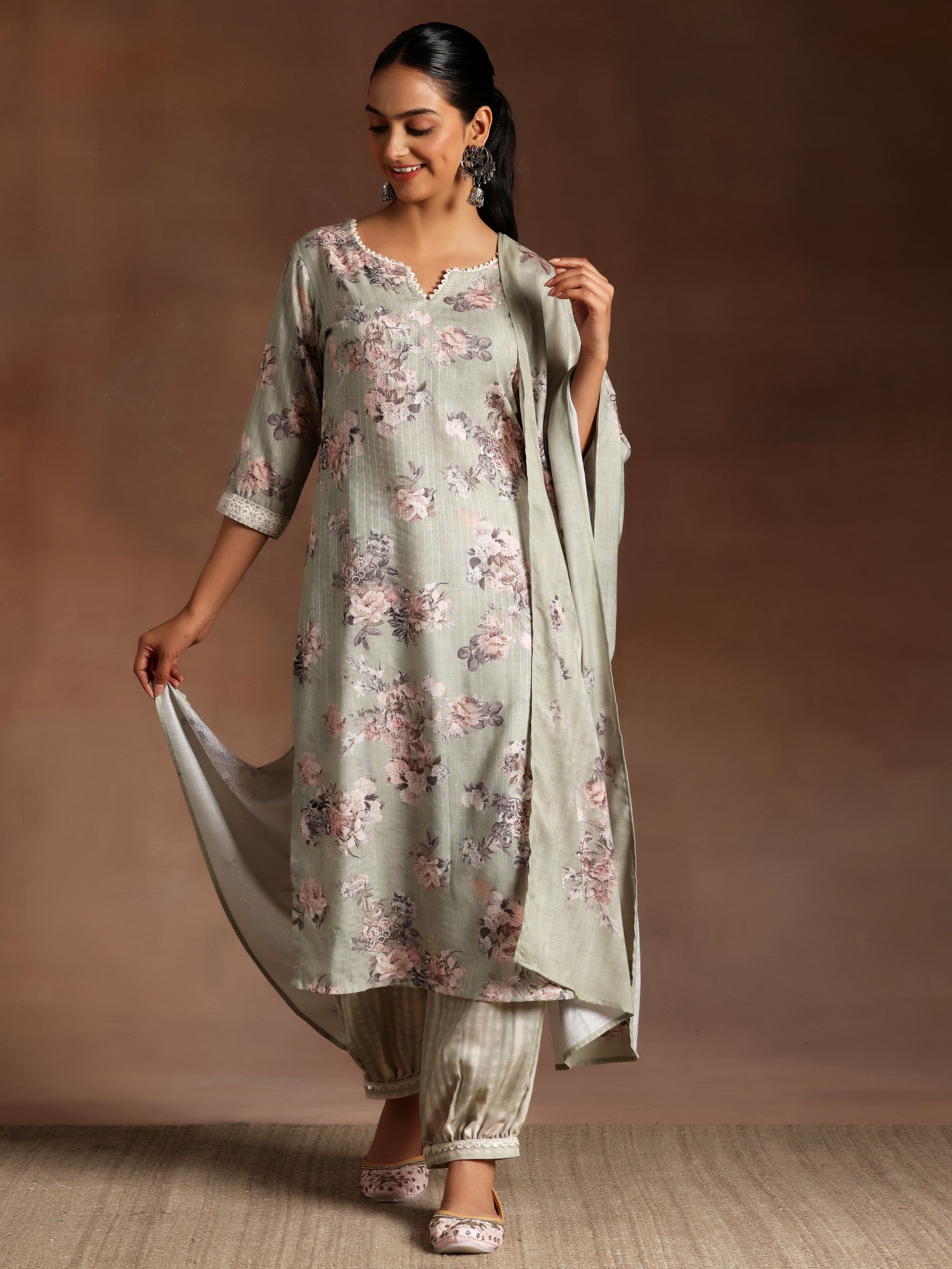 Green Printed Cotton Straight Suit With Dupatta