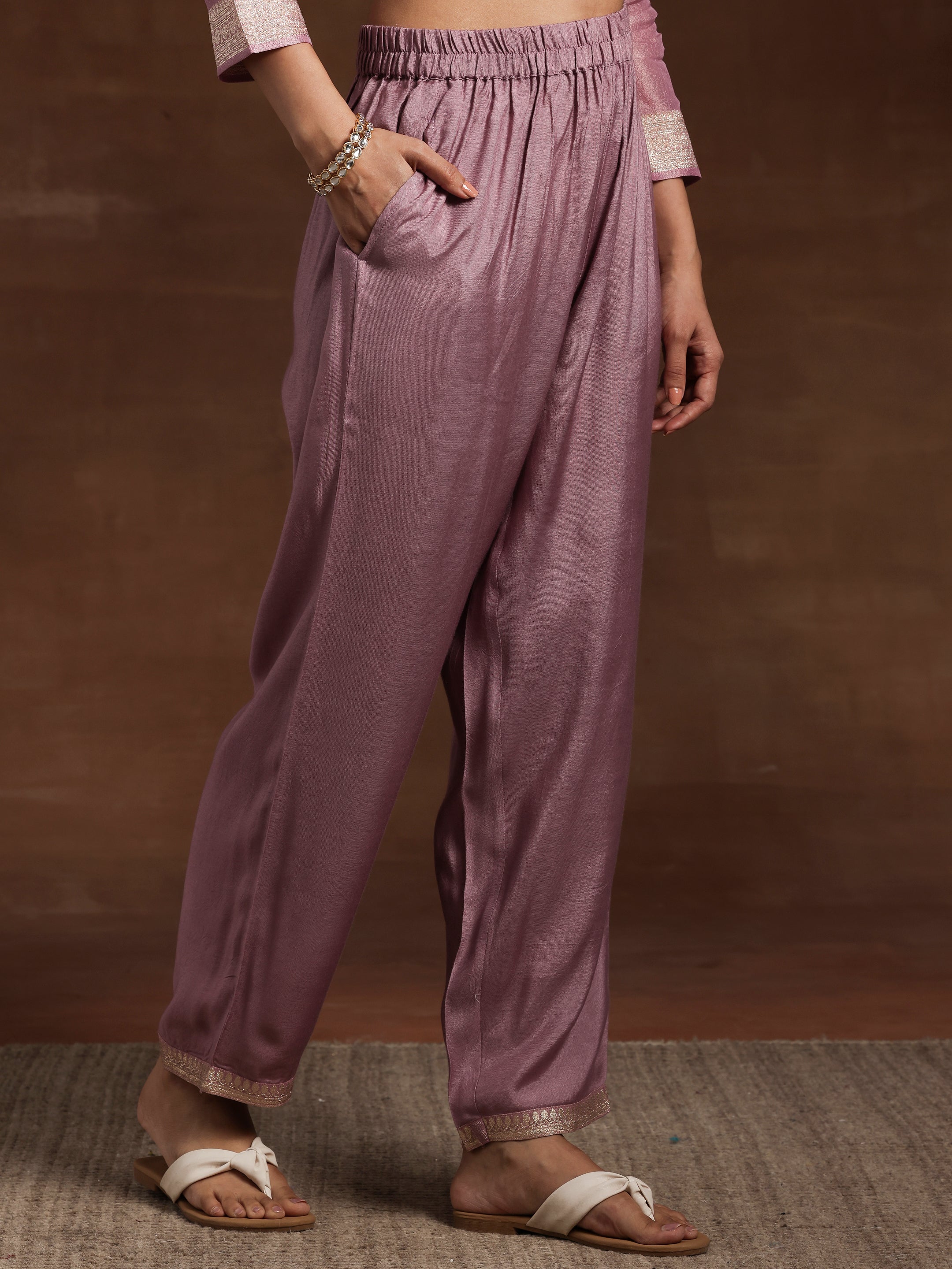 Mauve Woven Design Silk Blend Straight Kurta With Palazzos & Dupatta