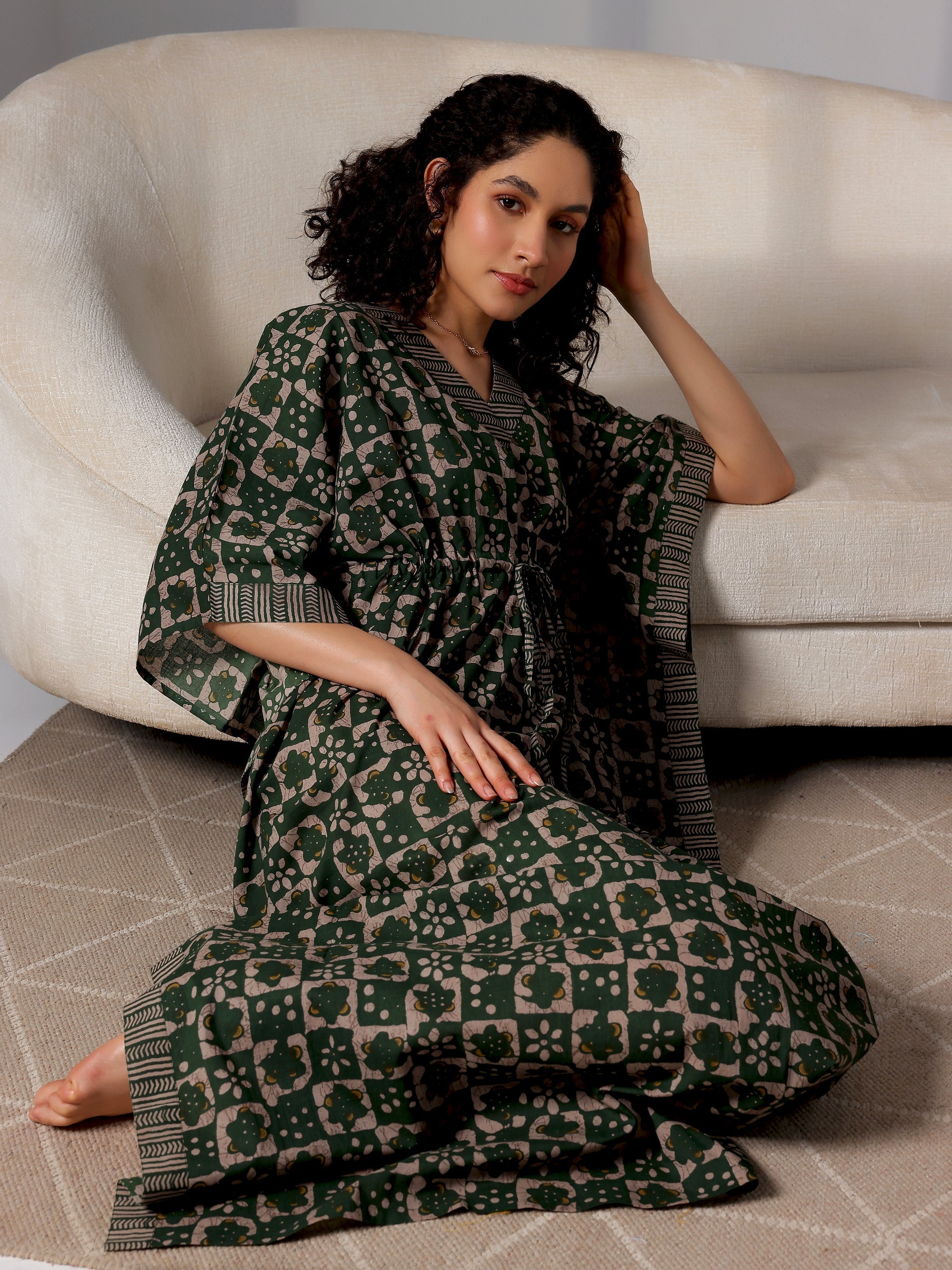 Green Printed Cotton Kaftan Night Dress