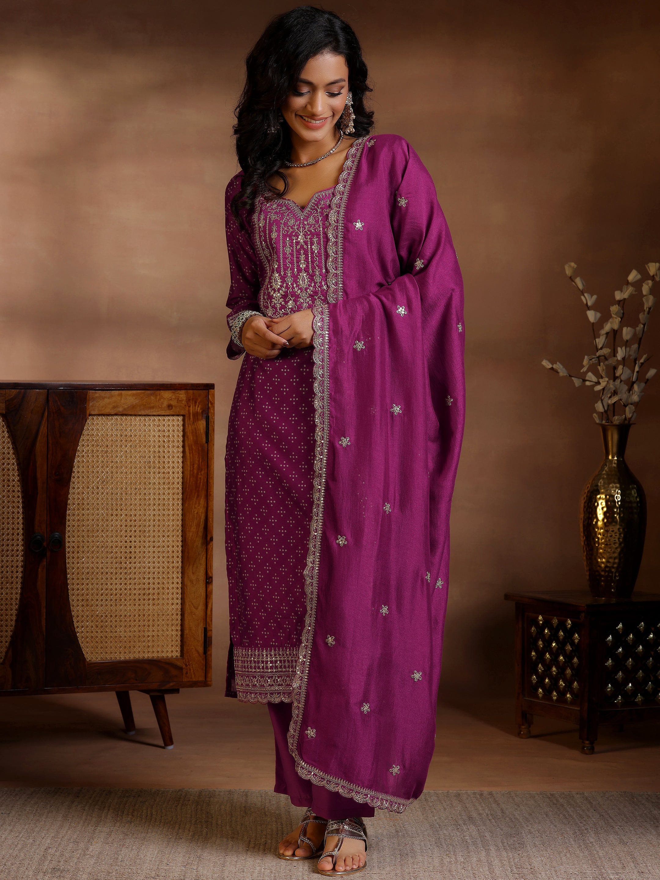 Wine Printed Silk Blend Straight Suit With Dupatta