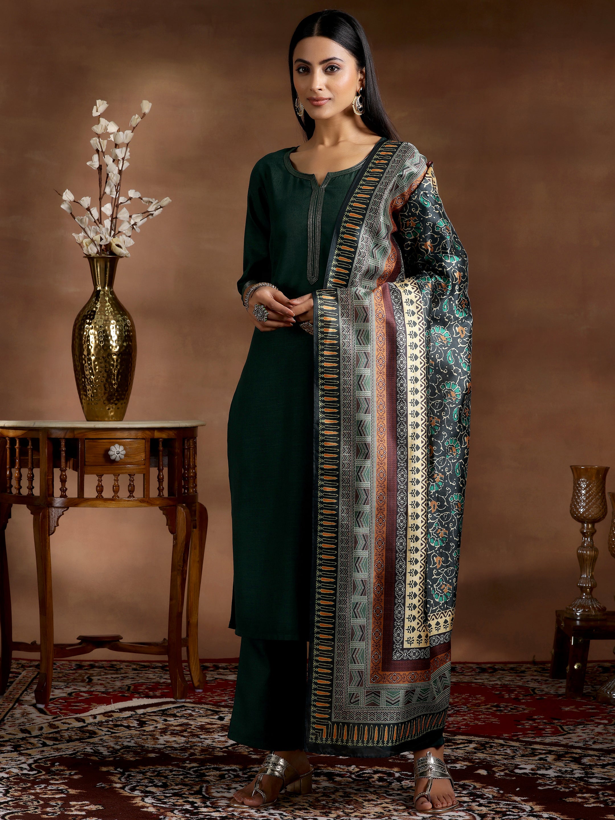 Green Solid Silk Blend Straight Suit With Dupatta