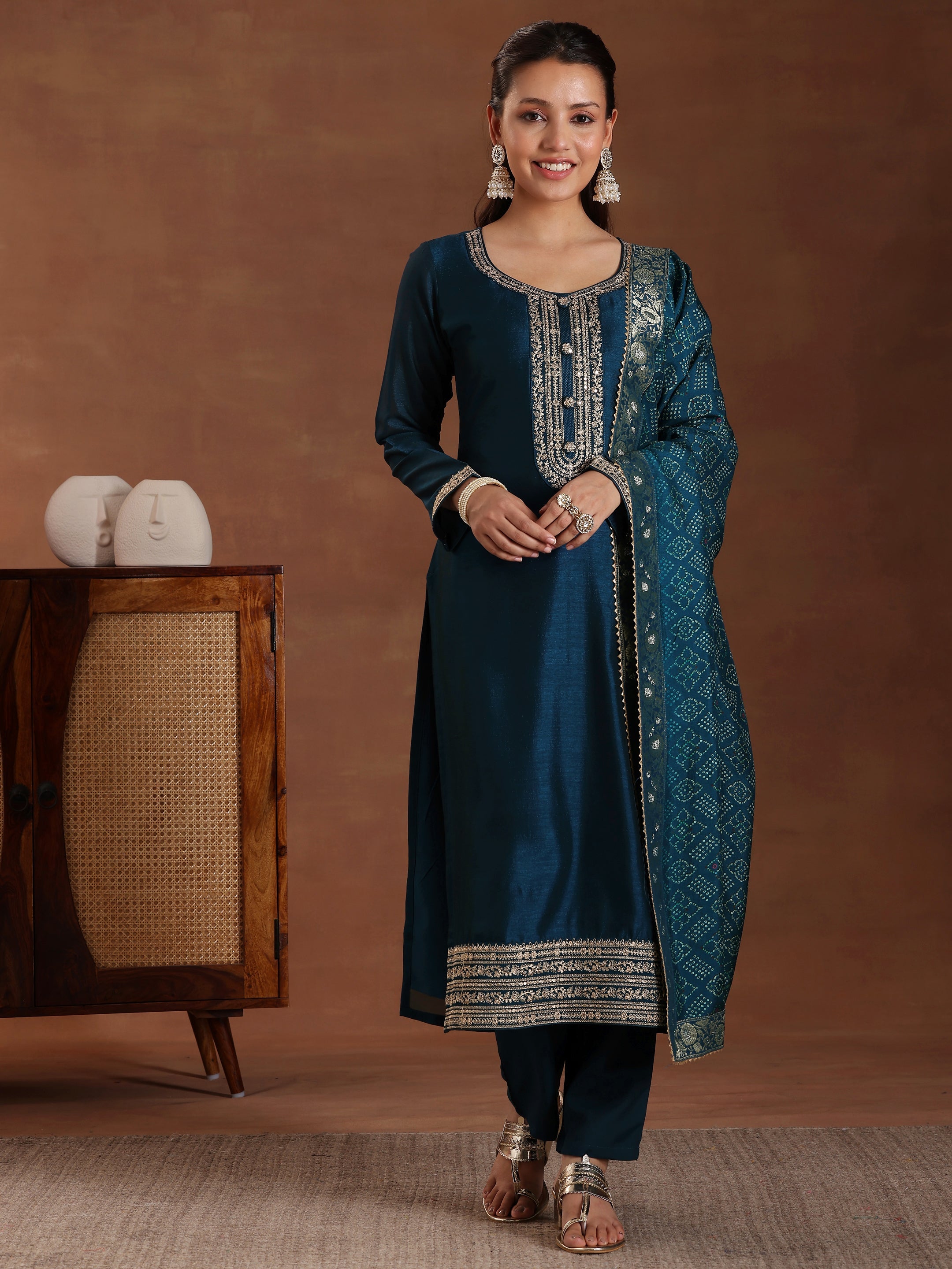 Teal Embroidered Silk Blend Straight Suit With Dupatta