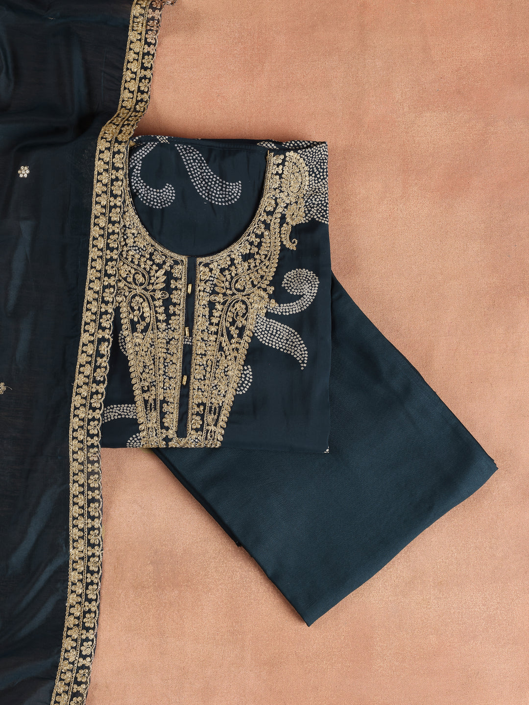 Navy Blue Embroidered Silk Blend Dress Material with Dupatta