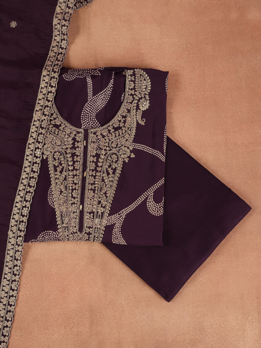 Wine Embroidered Silk Blend Dress Material with Dupatta