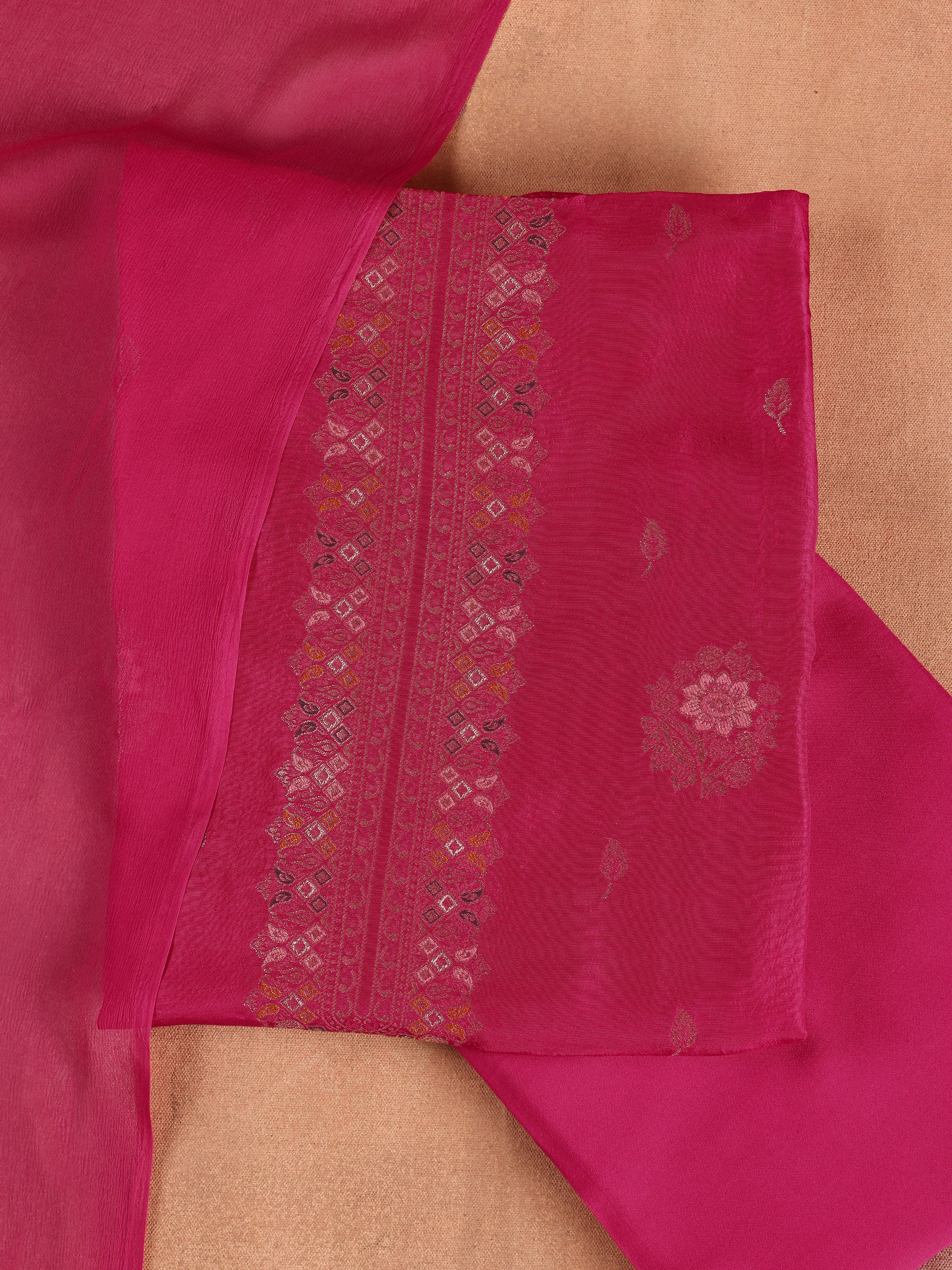 Pink Woven Design Silk Blend Dress Material With Dupatta