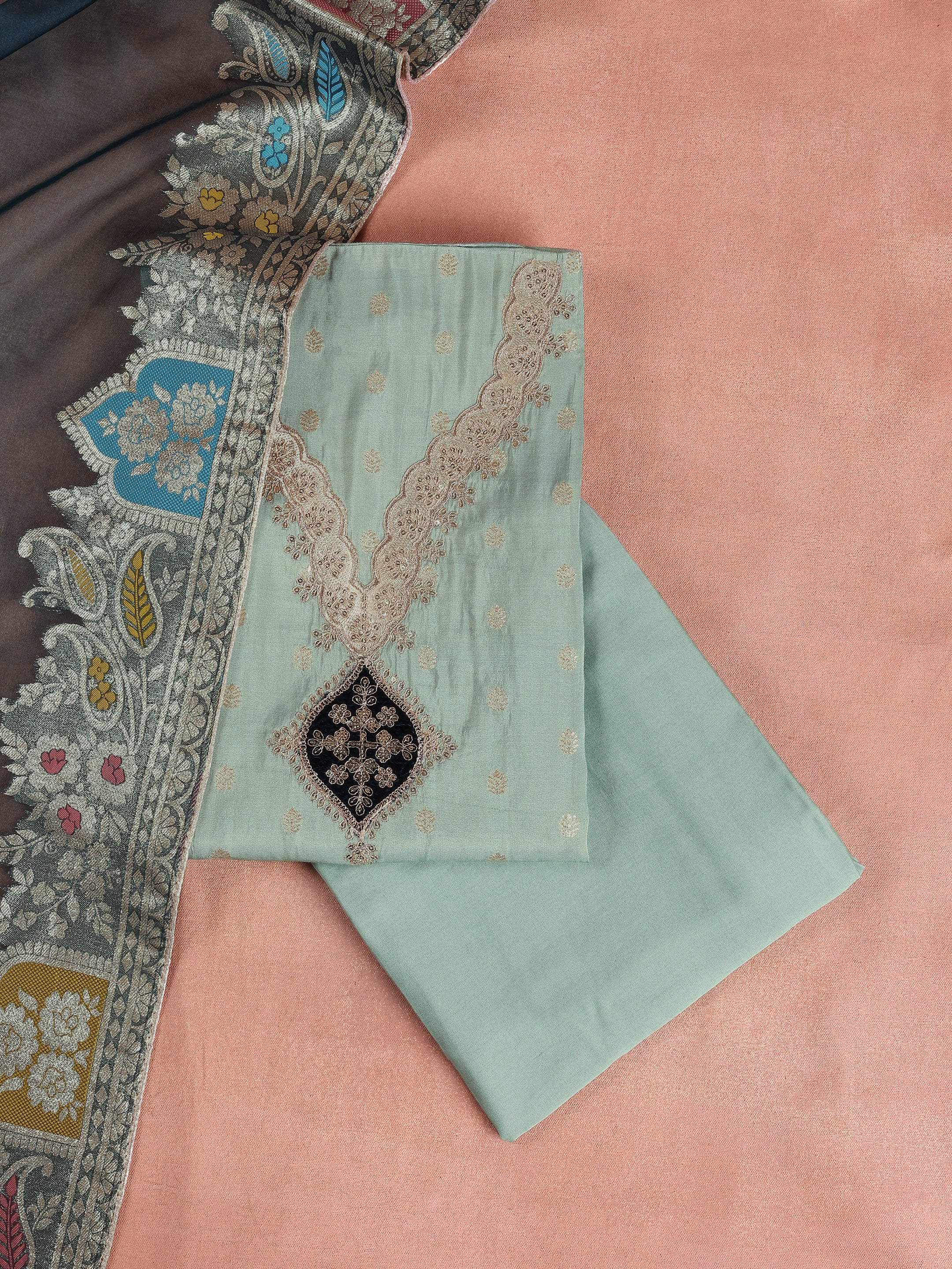 Green Embroidered Silk Blend Unstitched Suit Set