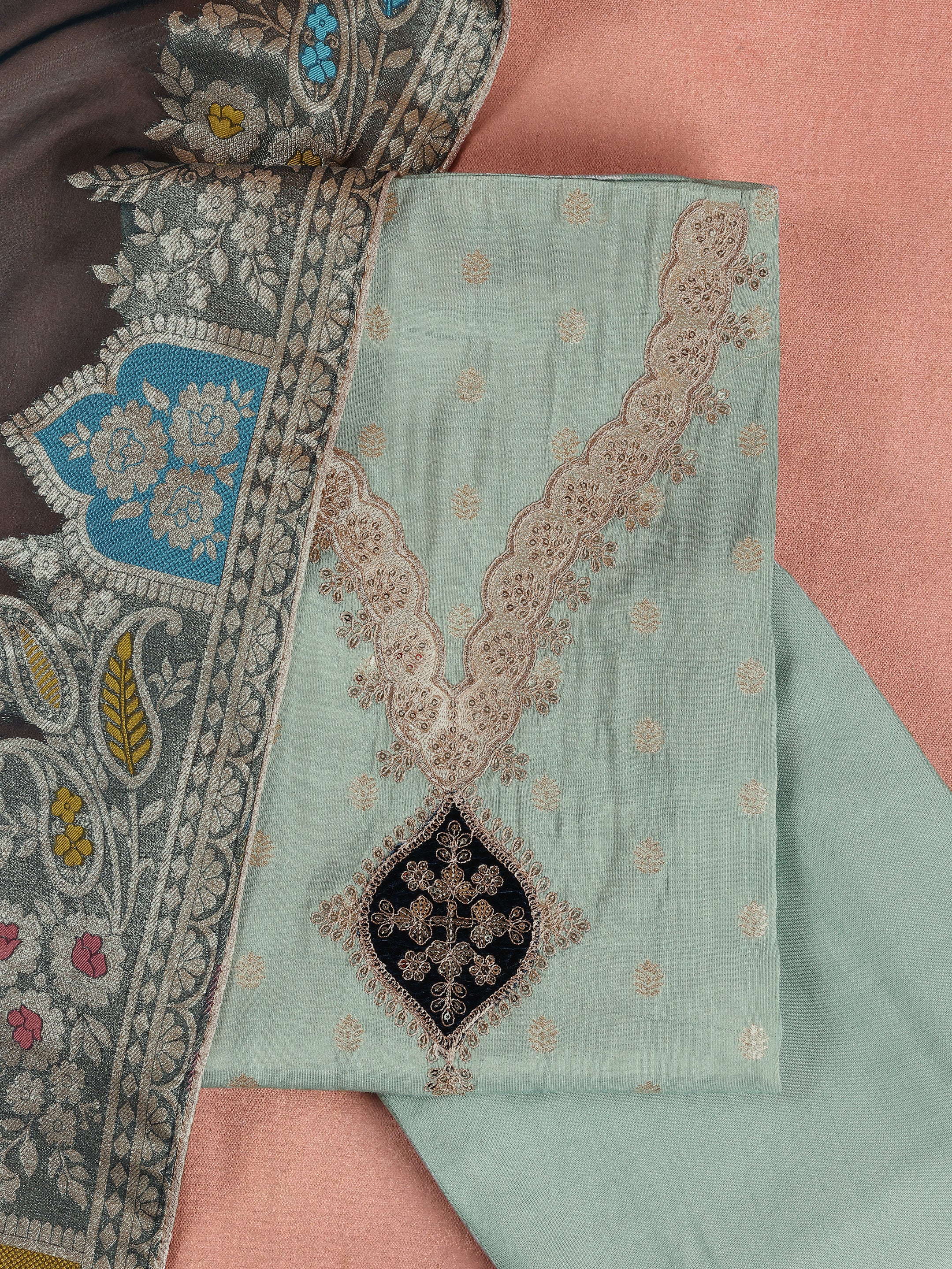 Green Embroidered Silk Blend Unstitched Suit Set