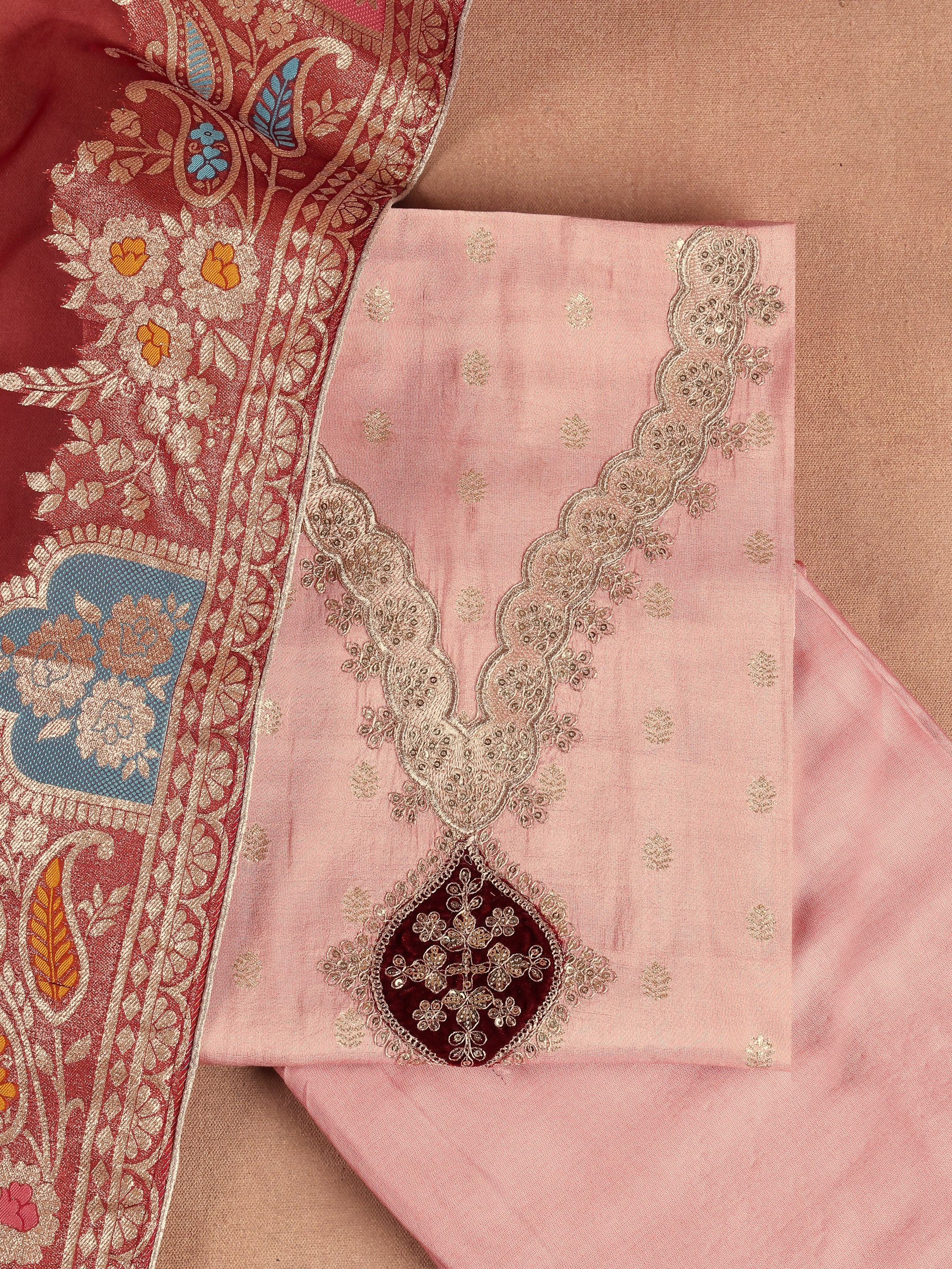 Peach Embroidered Silk Blend Unstitched Suit Set