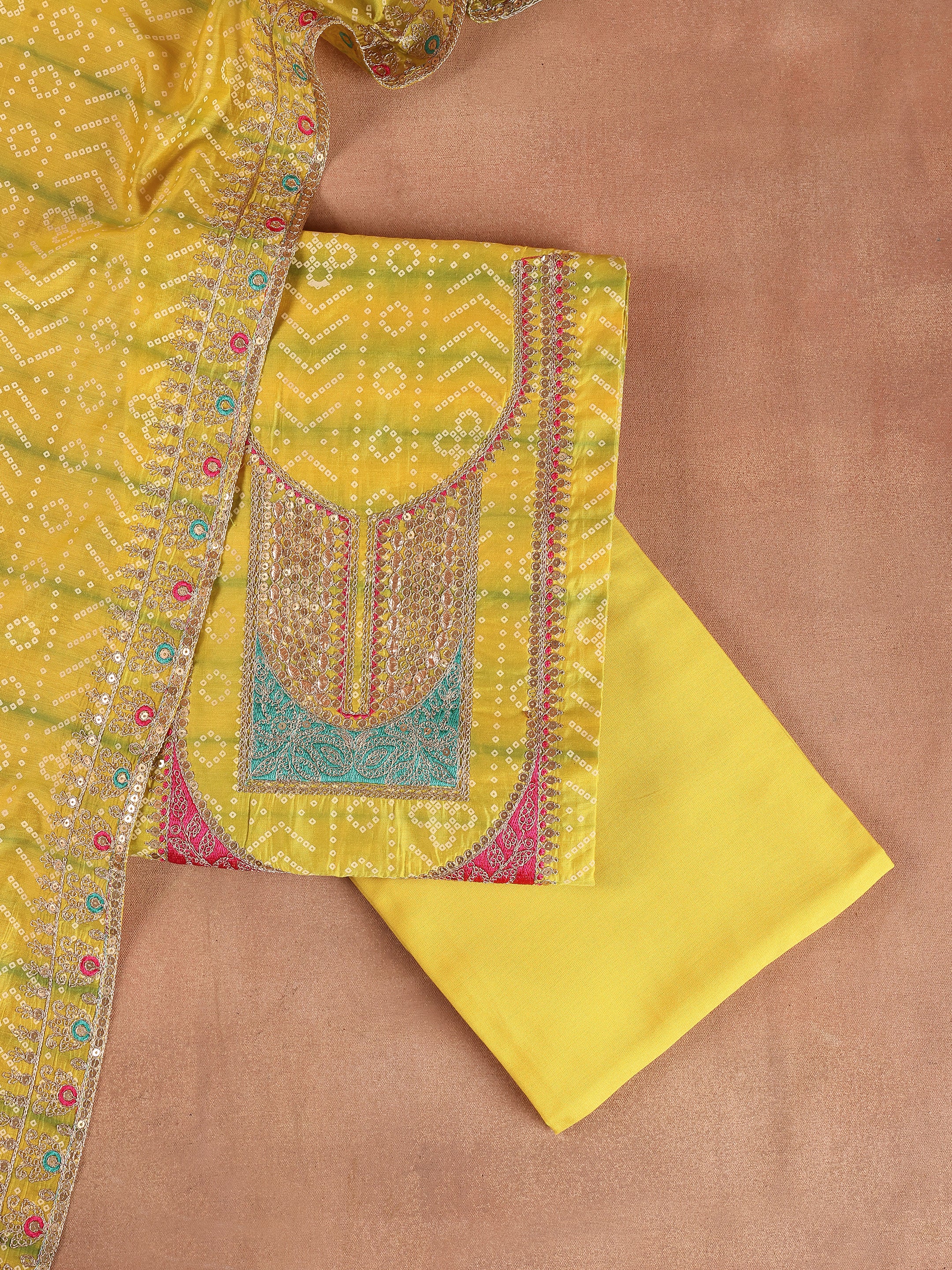 Yellow Printed Silk Blend Unstitched Suit Set