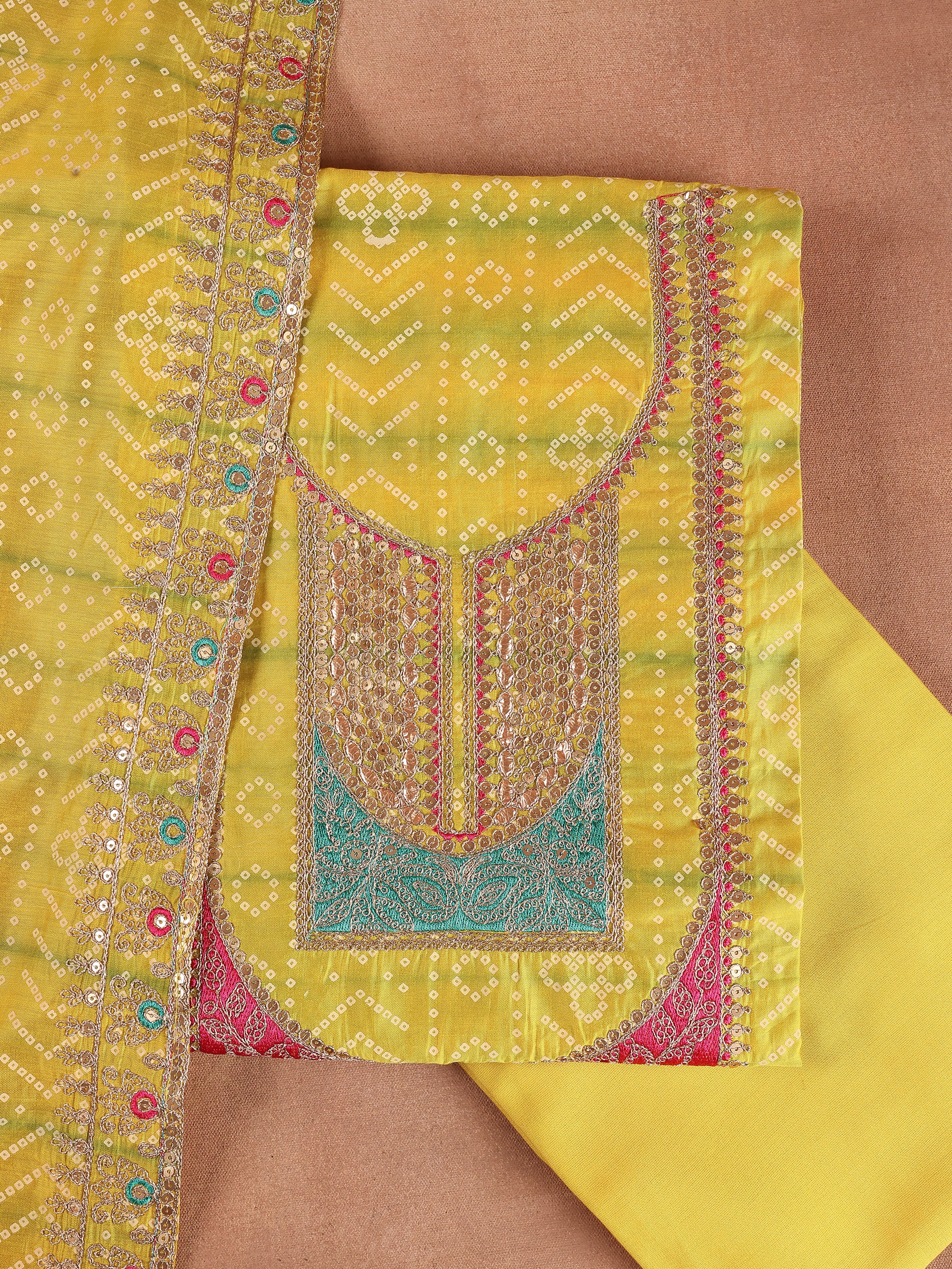 Yellow Printed Silk Blend Unstitched Suit Set