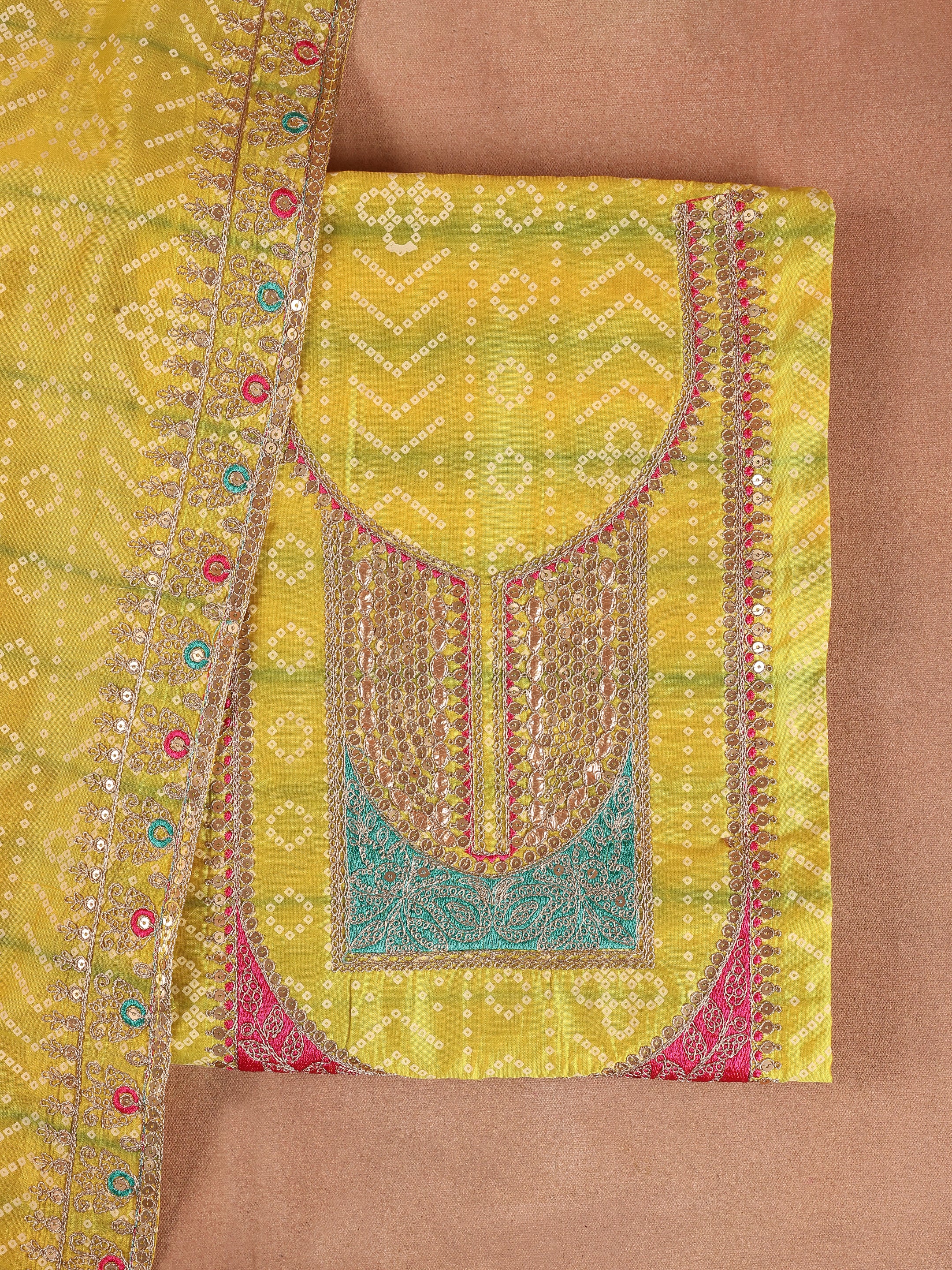 Yellow Printed Silk Blend Unstitched Suit Set