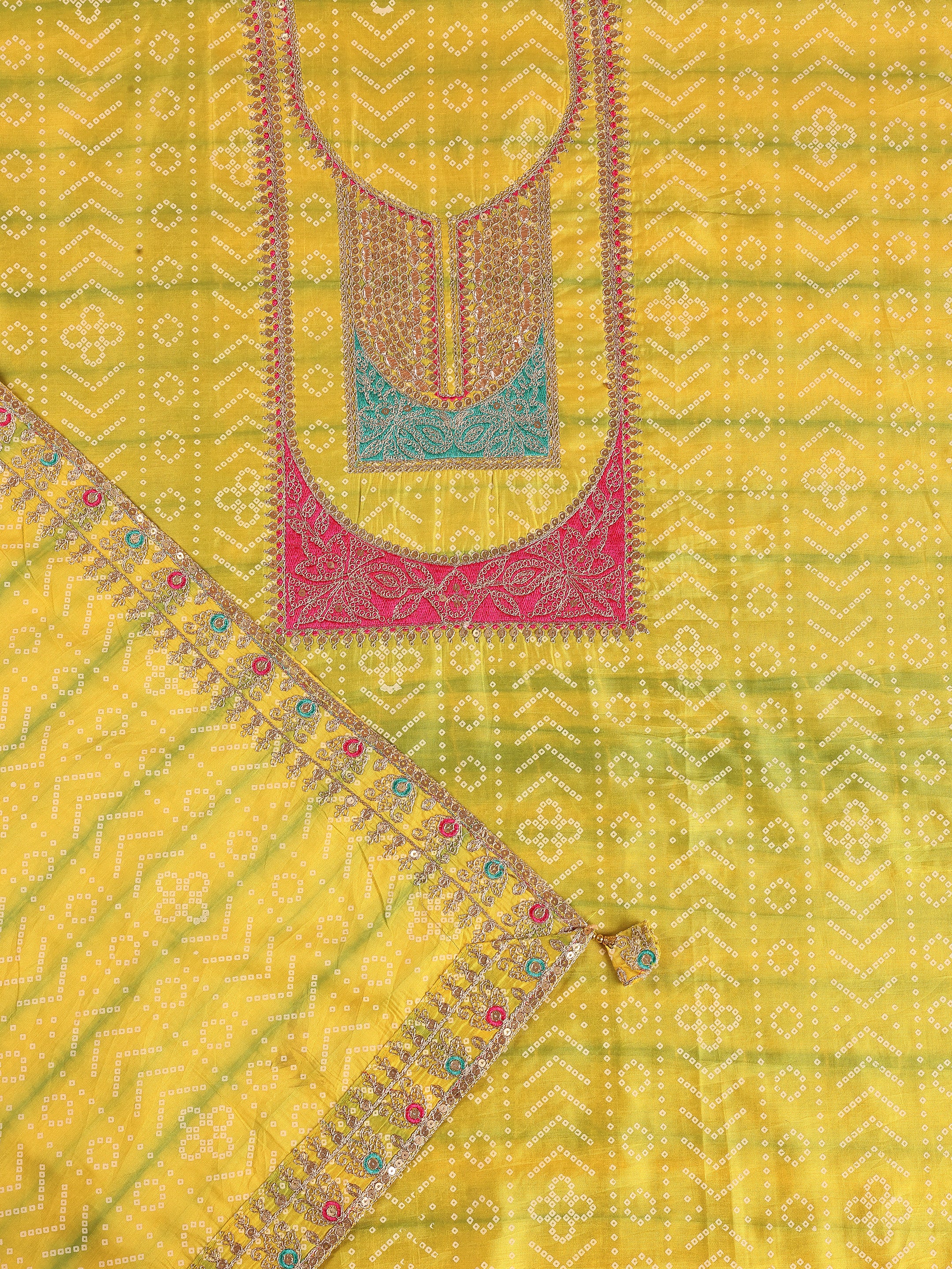 Yellow Printed Silk Blend Unstitched Suit Set