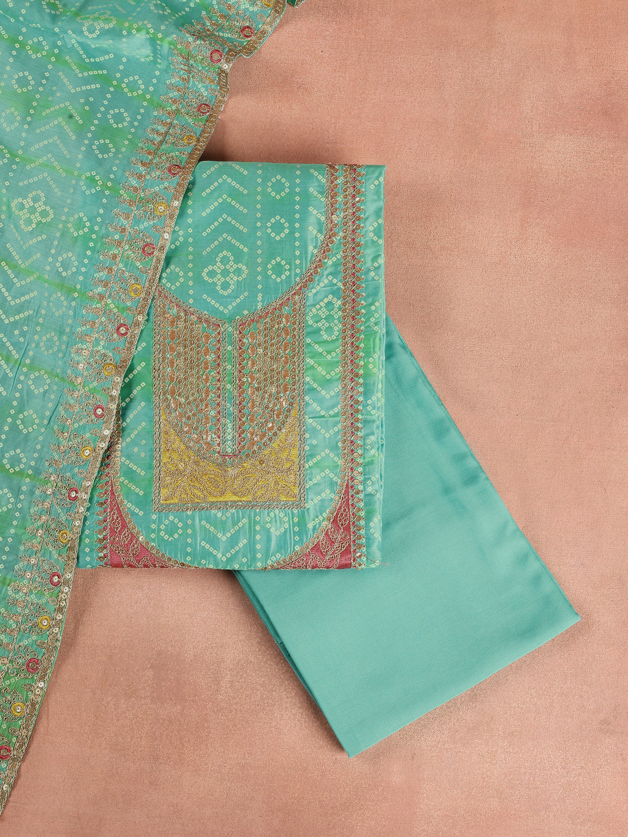 Turquoise Printed Silk Blend Unstitched Suit Set