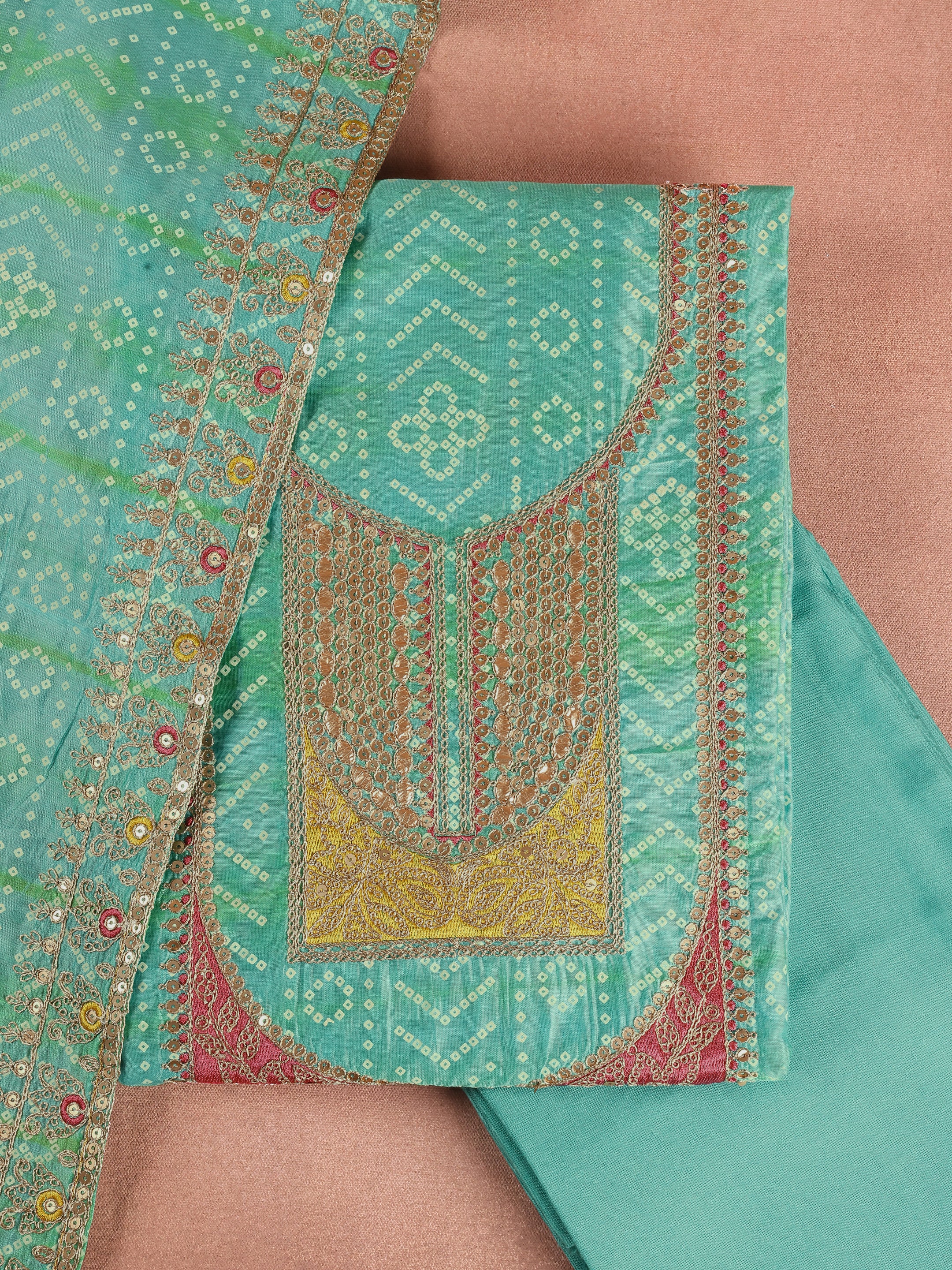 Turquoise Printed Silk Blend Unstitched Suit Set