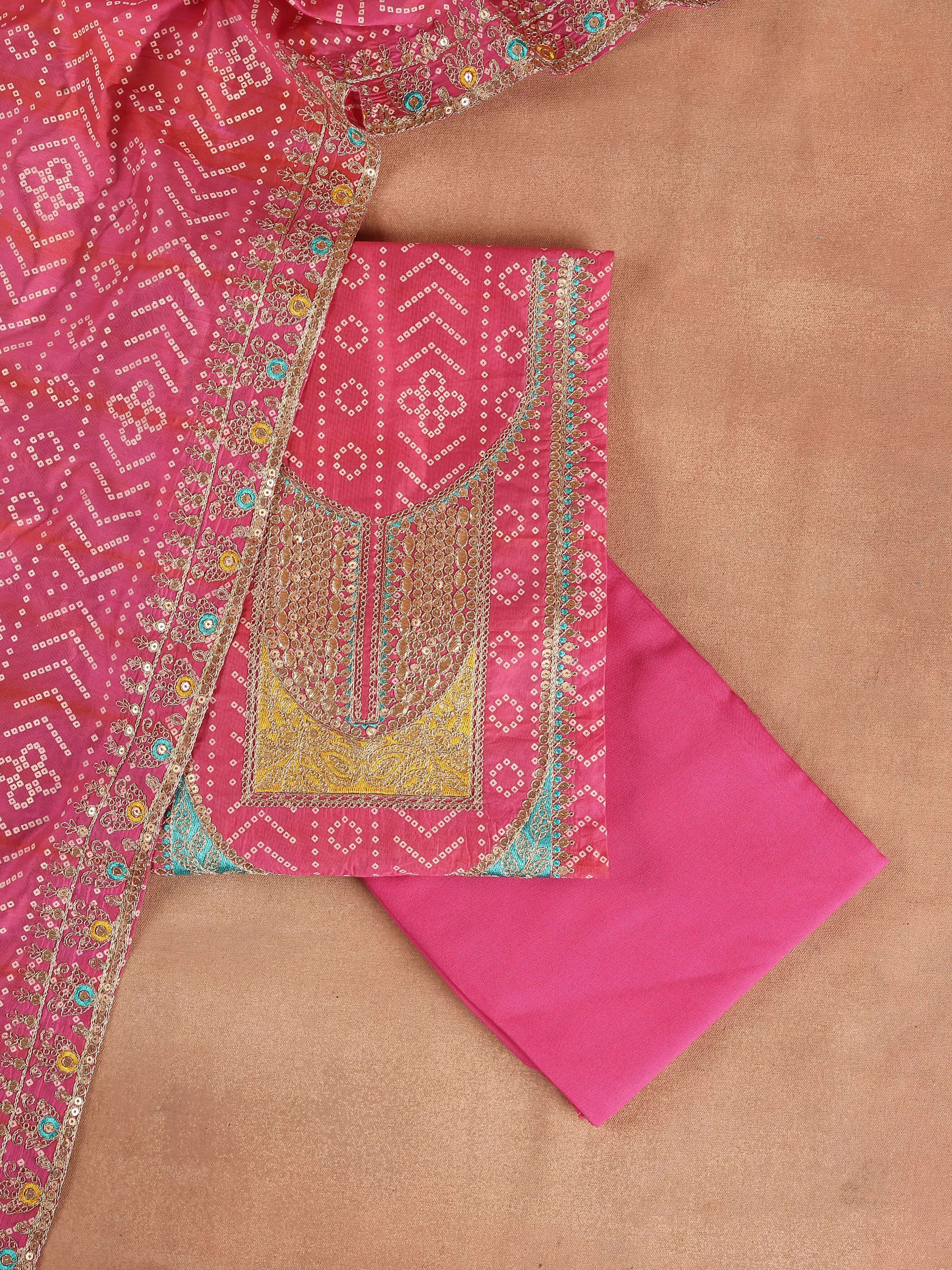 Pink Printed Silk Blend Unstitched Suit Set