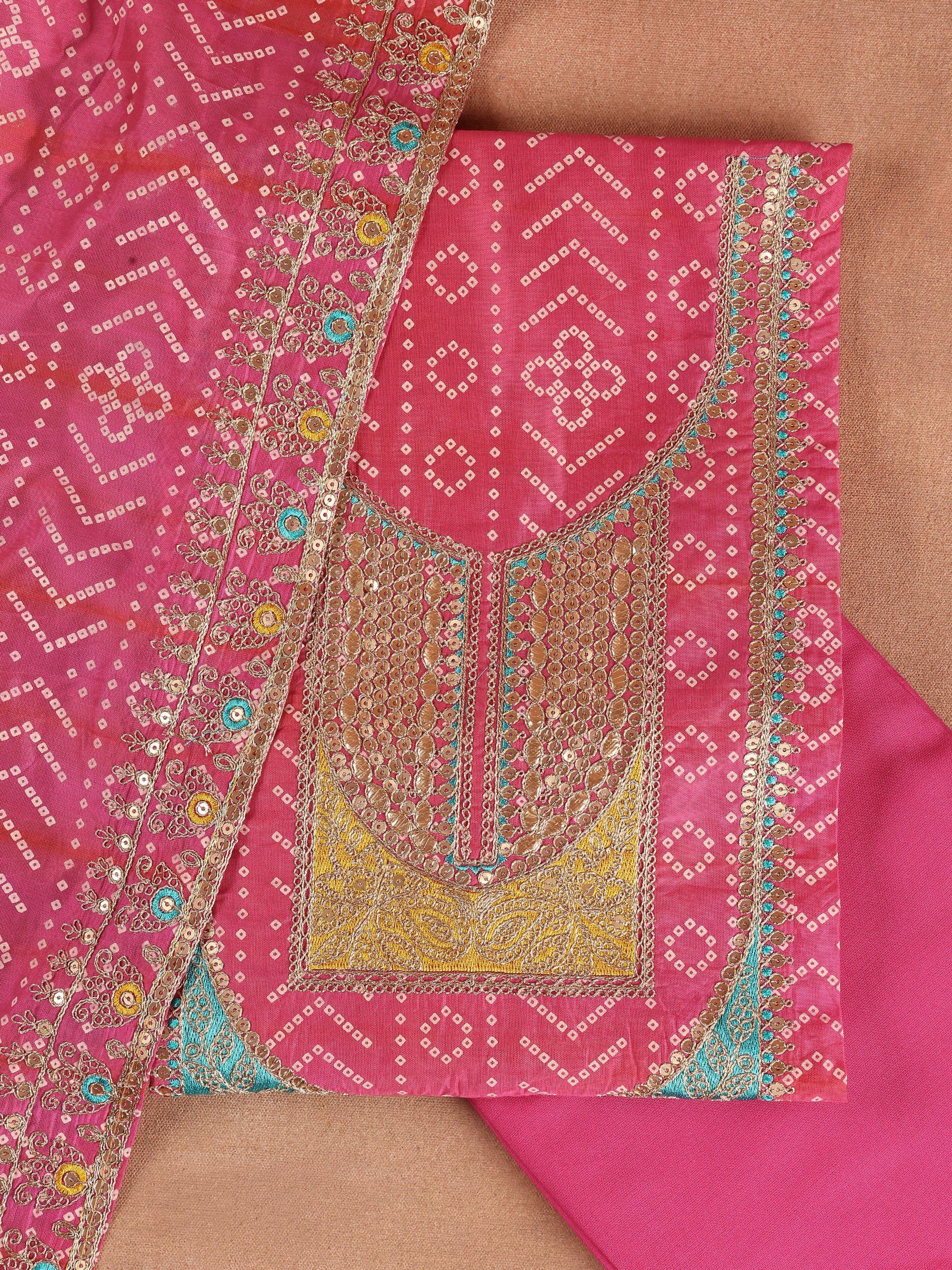 Pink Printed Silk Blend Unstitched Suit Set