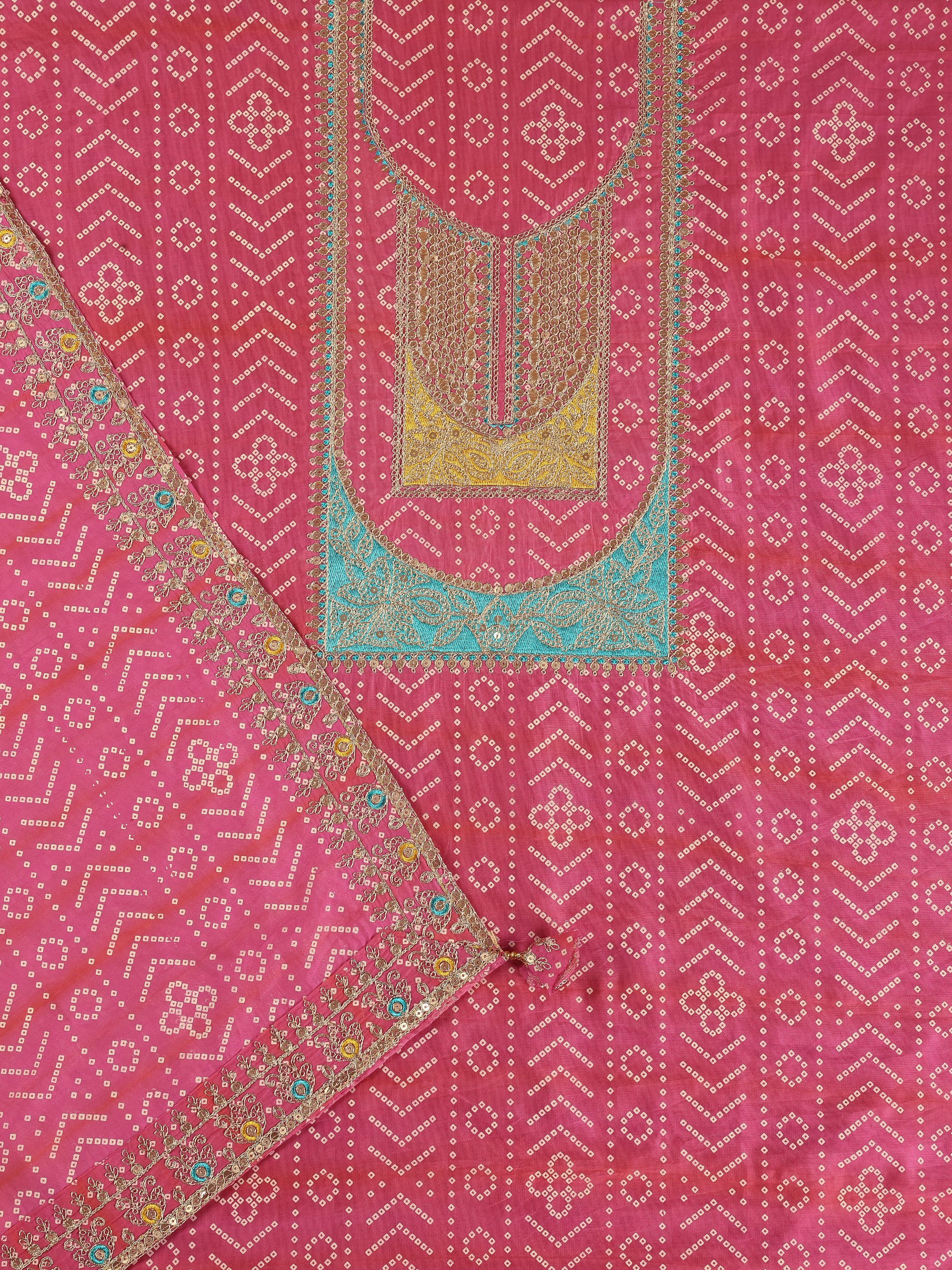 Pink Printed Silk Blend Unstitched Suit Set