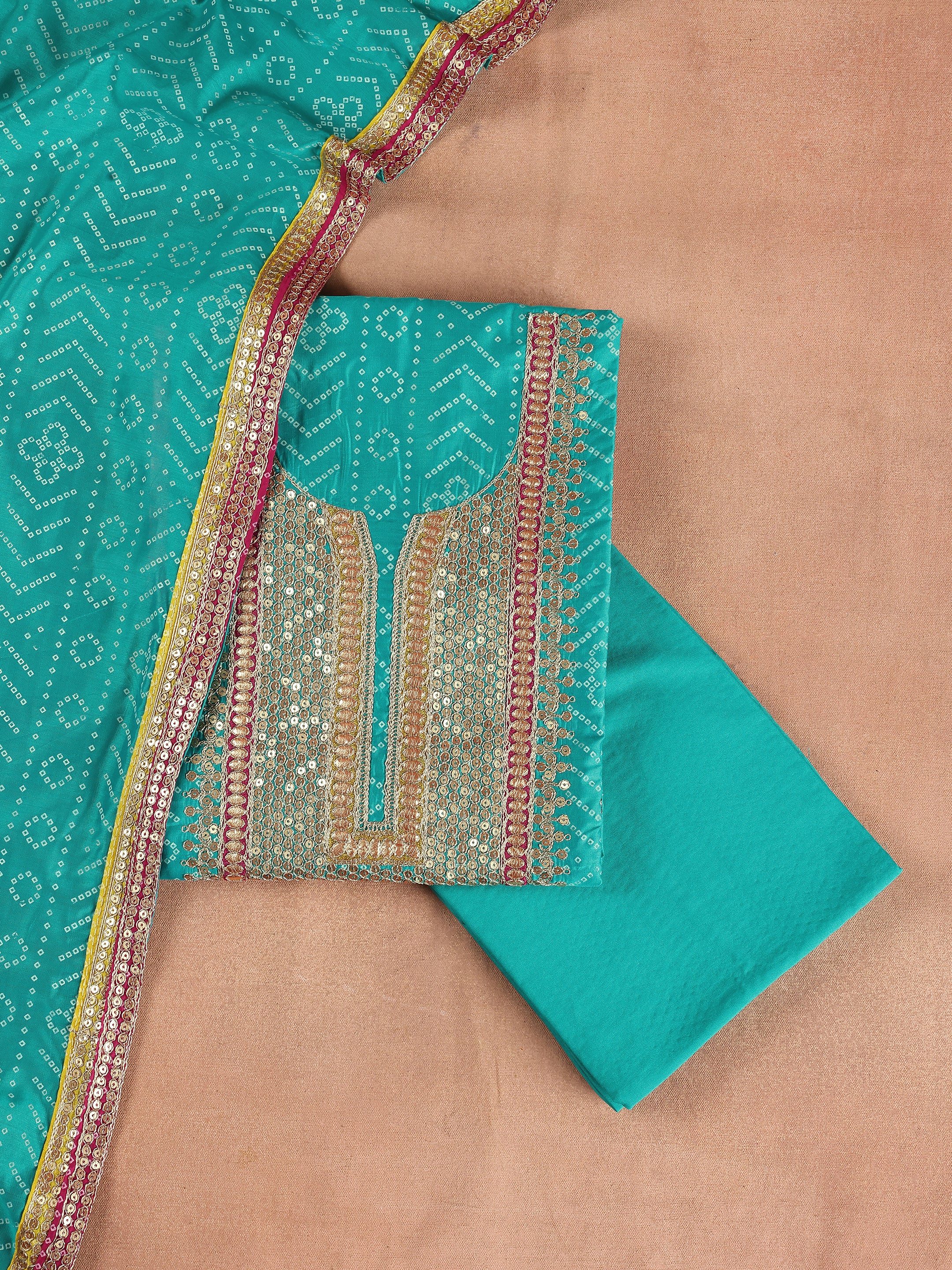 Teal Printed Silk Blend Unstitched Suit Set