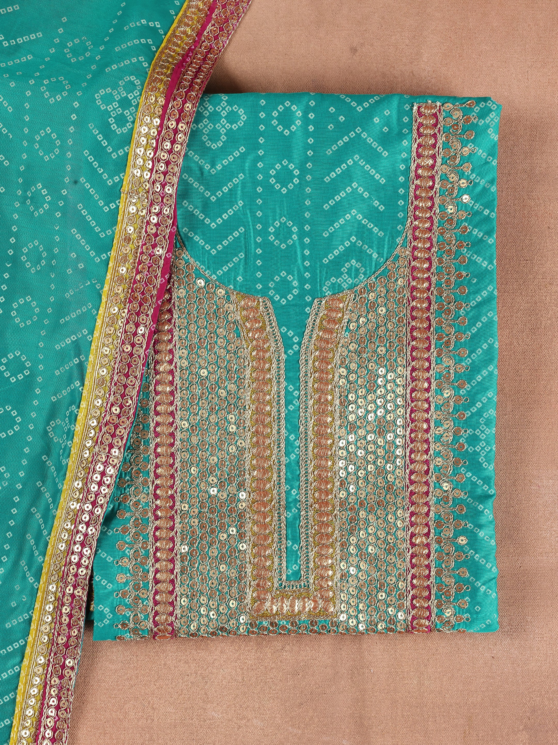 Teal Printed Silk Blend Unstitched Suit Set