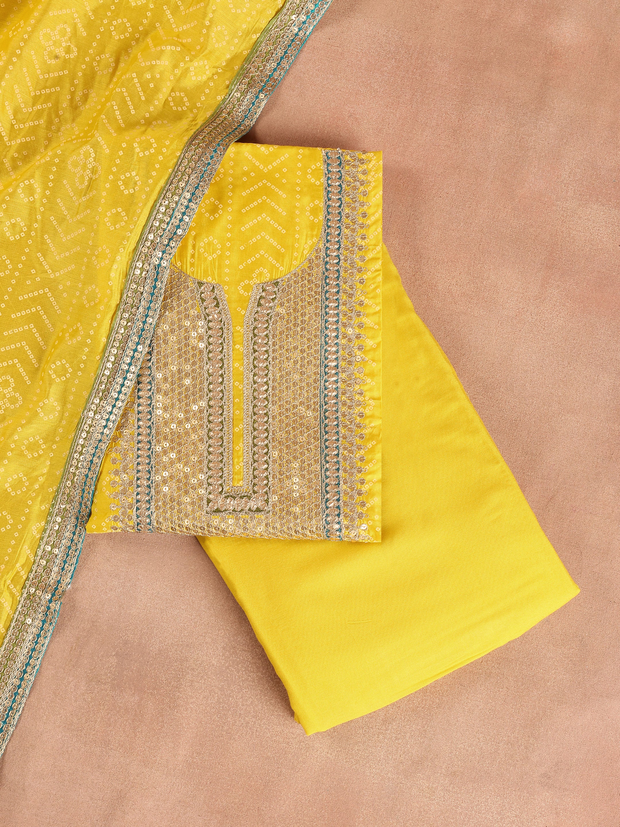 Yellow Embroidered Silk Blend Unstitched Suit Set