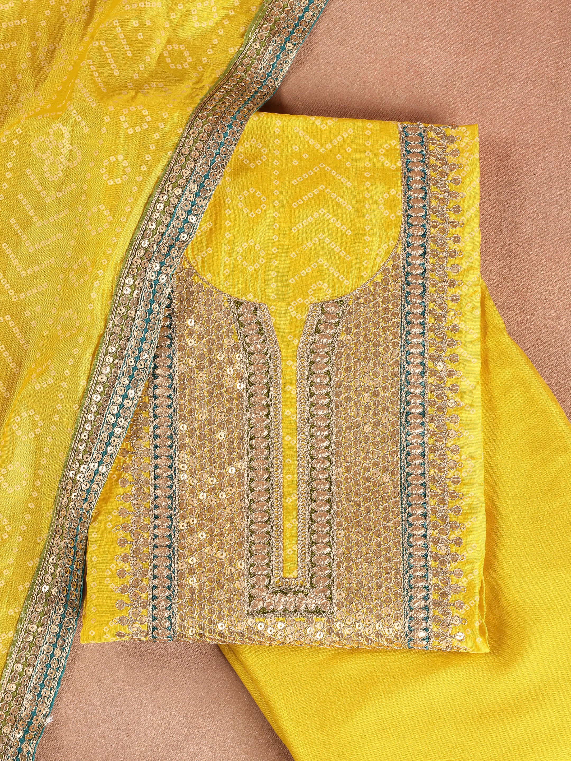 Yellow Embroidered Silk Blend Unstitched Suit Set