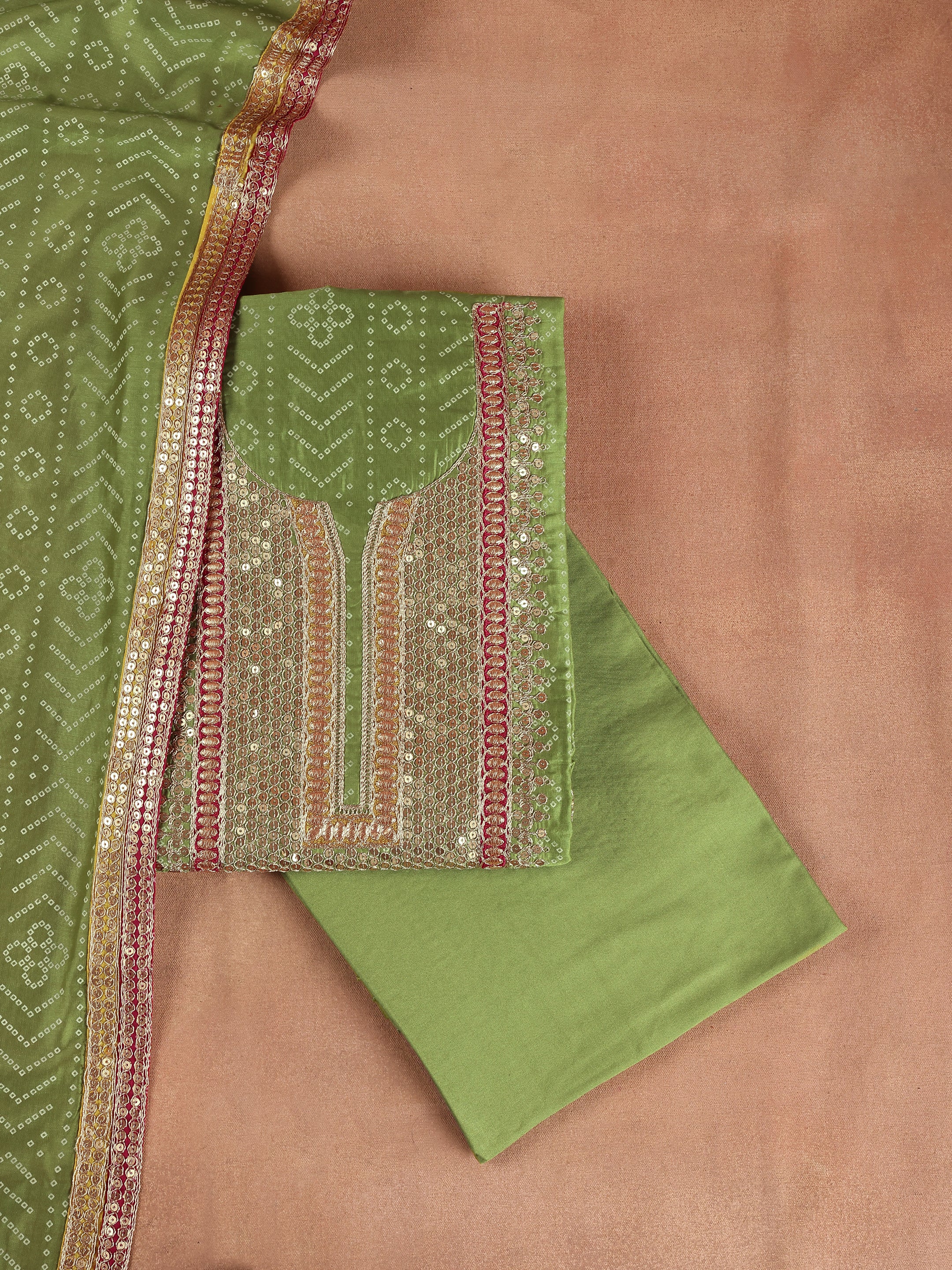 Green Embroidered Silk Blend Unstitched Suit Set